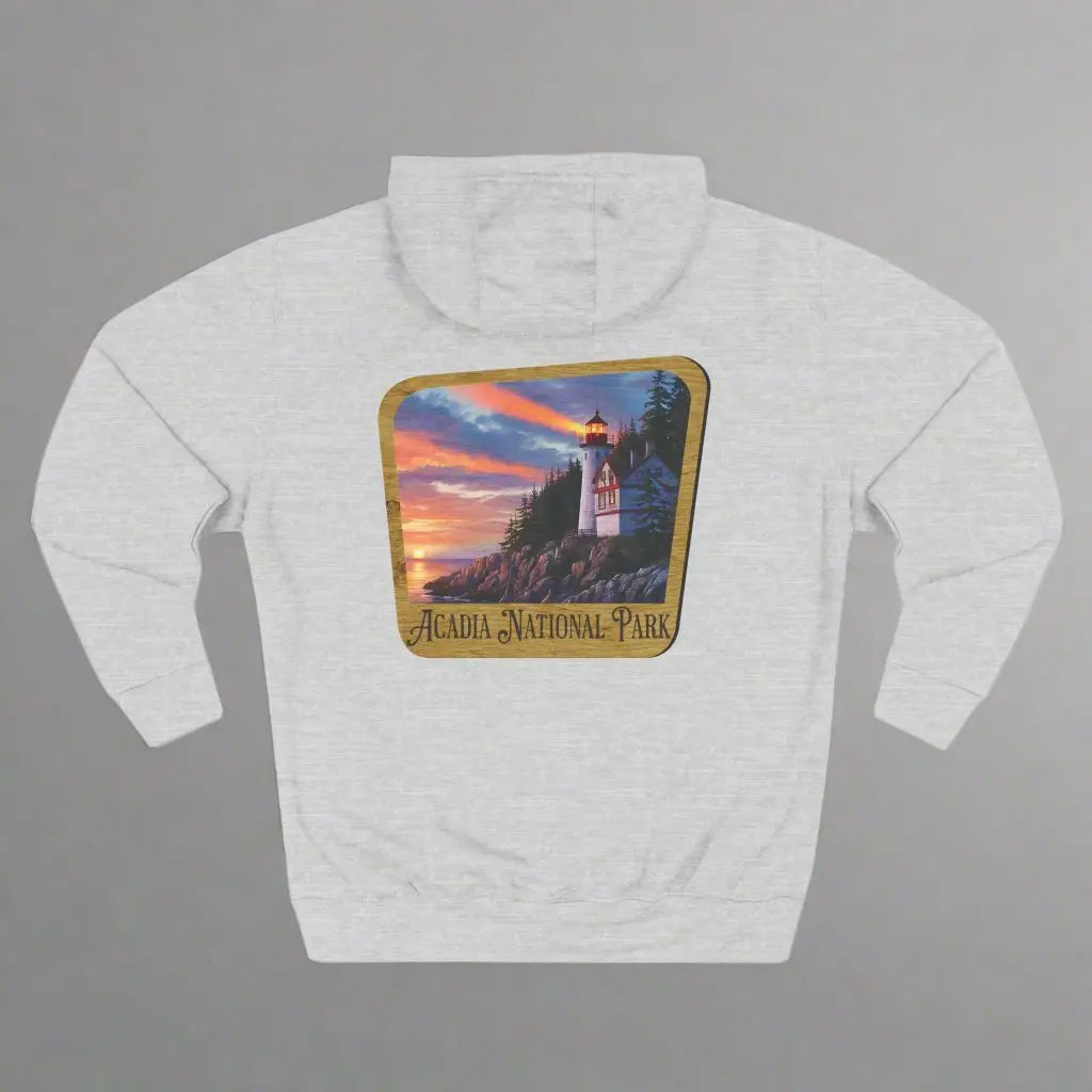 Acadia National Park Fleece Hoodie Scenic Coastal Graphic Wooden Mountain Sign - Park Service Apparel