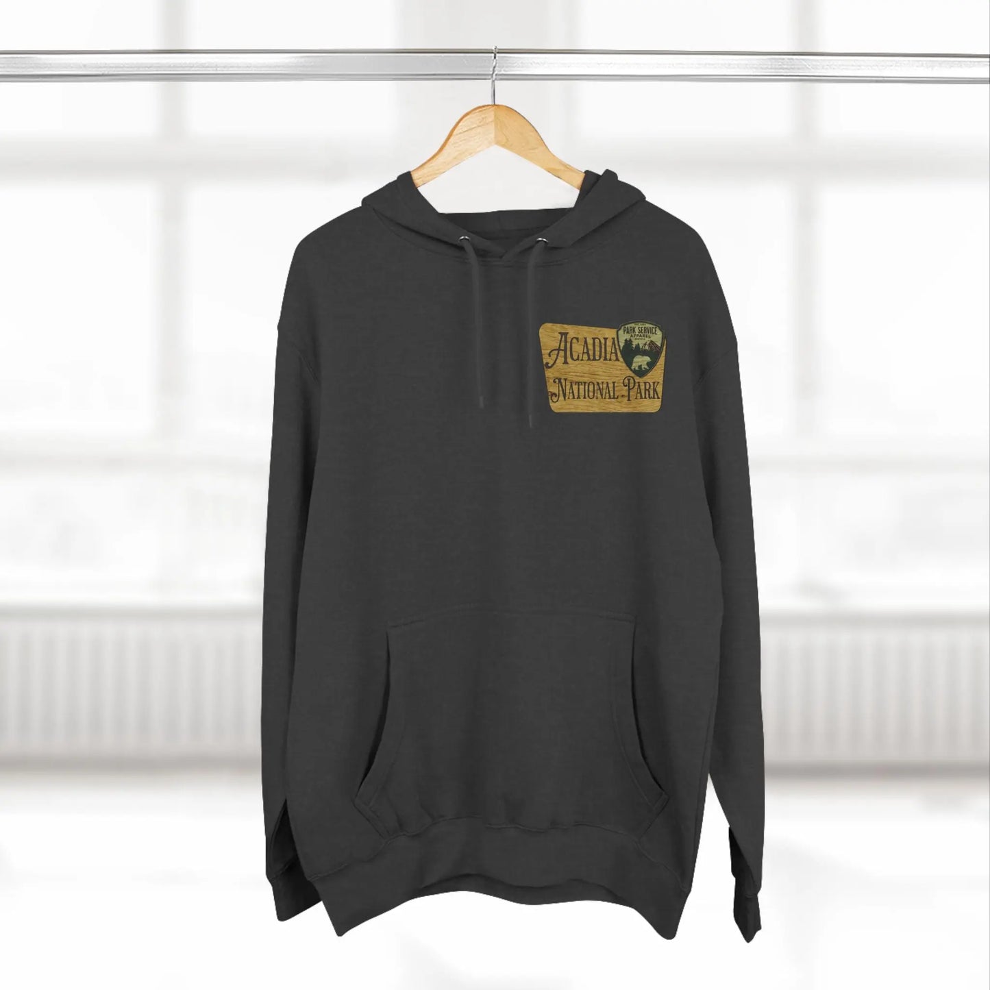 Acadia National Park Fleece Hoodie Scenic Coastal Graphic Wooden Mountain Sign - Park Service Apparel