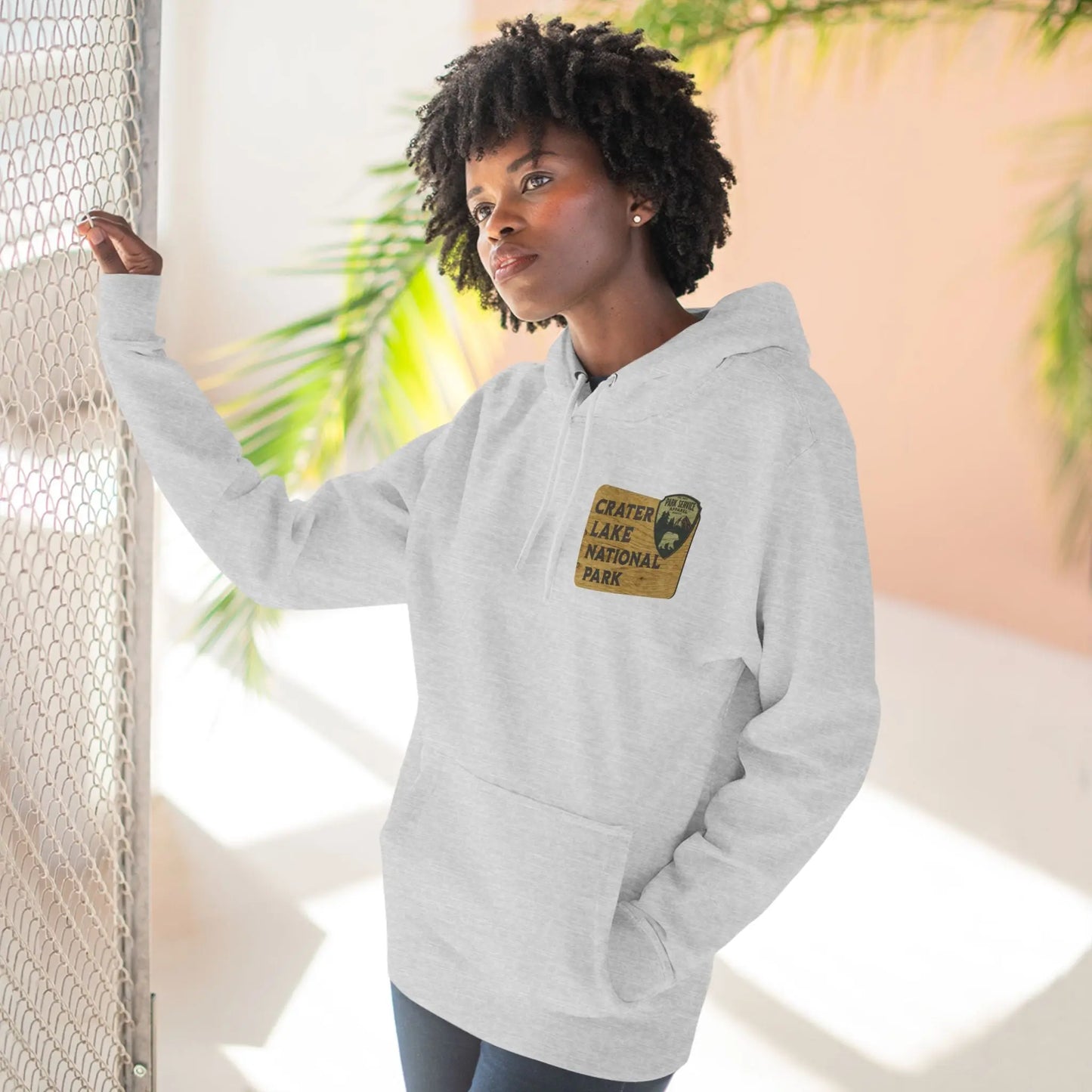 Crater Lake National Park Unisex Fit Fleece Hoodie Scenic View Graphic Wooden Mountain Sign - Park Service Apparel