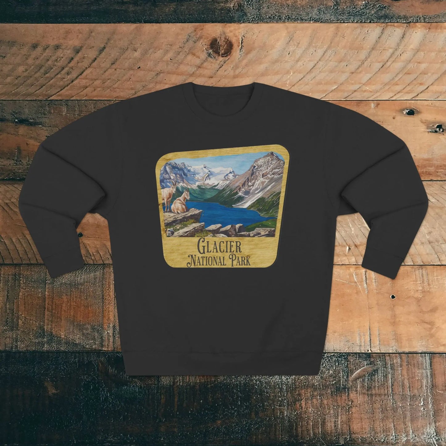 Glacier National Park Unisex Fit Crewneck Sweatshirt Wood Sign Lake View - Park Service Apparel