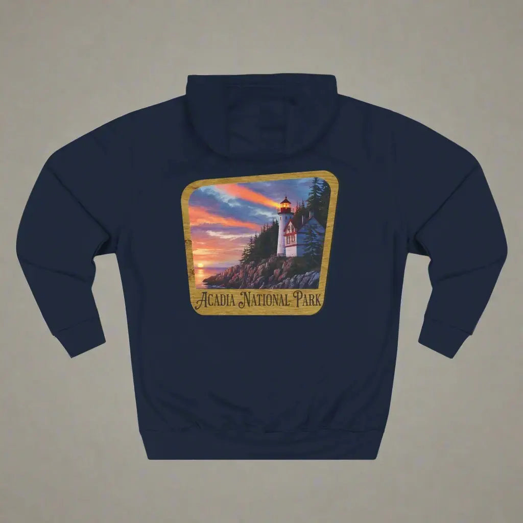 Acadia National Park Fleece Hoodie Scenic Coastal Graphic Wooden Mountain Sign - Park Service Apparel