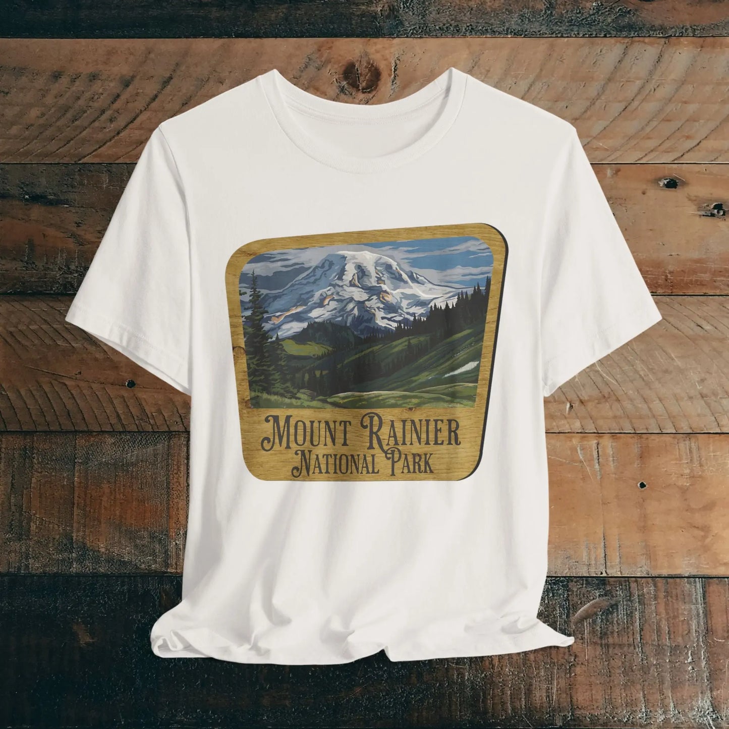 Mount Rainier National Park Unisex Fit Short Sleeve T-Shirt Wood Sign - Park Service Apparel