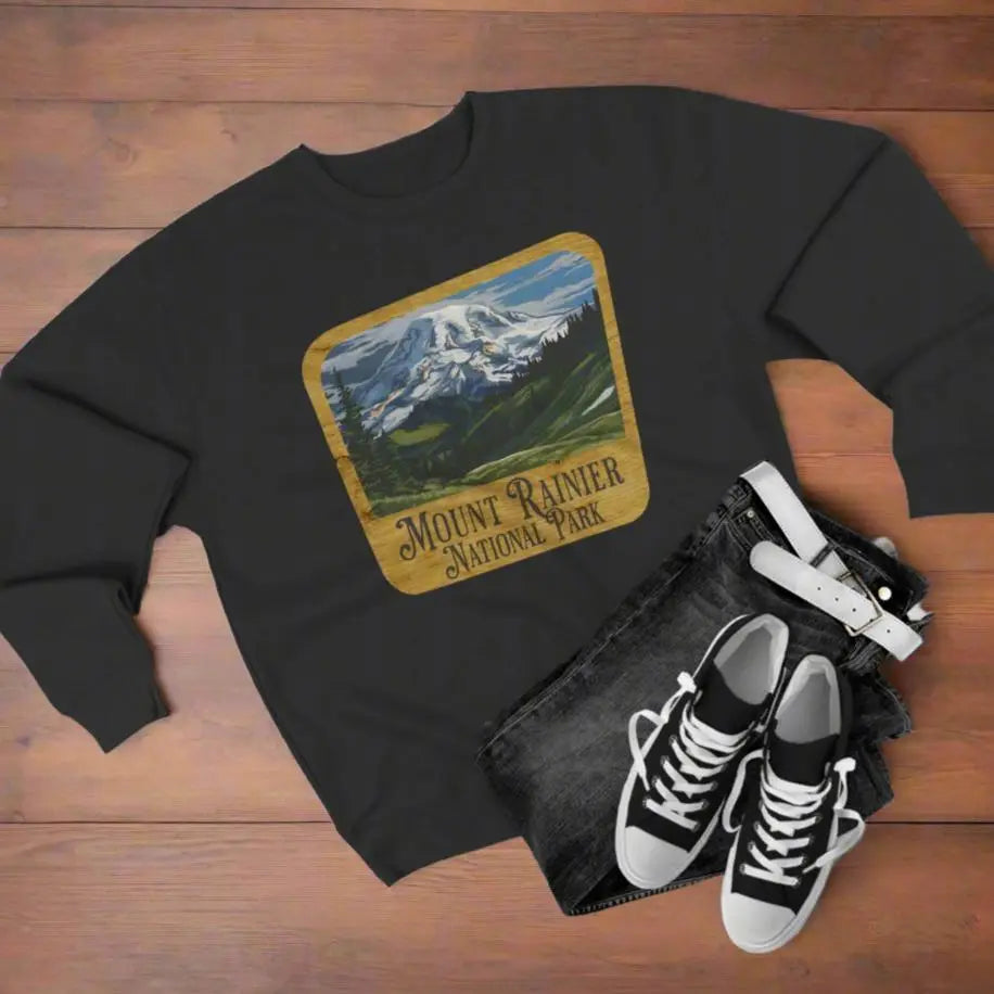 Mount Rainier National Park Unisex Fit Crewneck Sweatshirt Wood Sign Lake View - Park Service Apparel