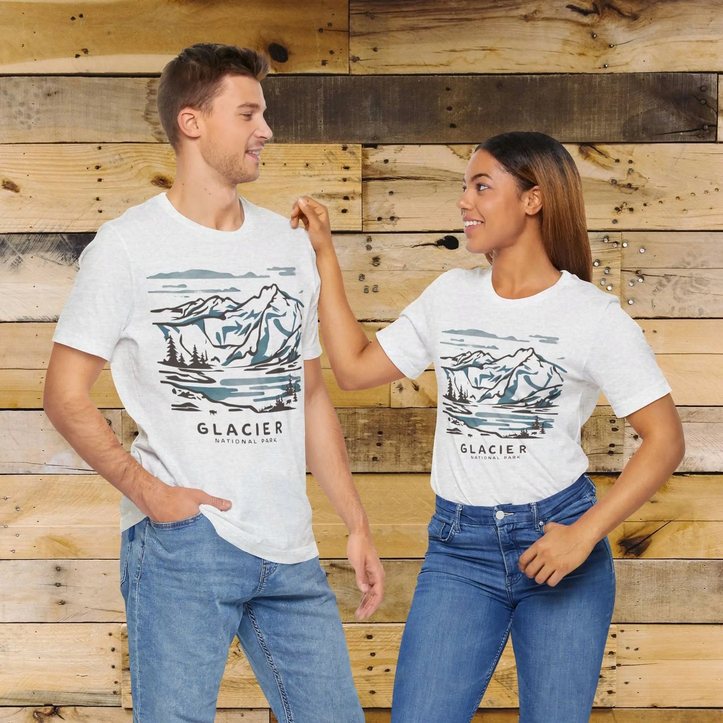 Glacier National Park Unisex Fit Soft T-Shirt Watercolor Line Art Printify