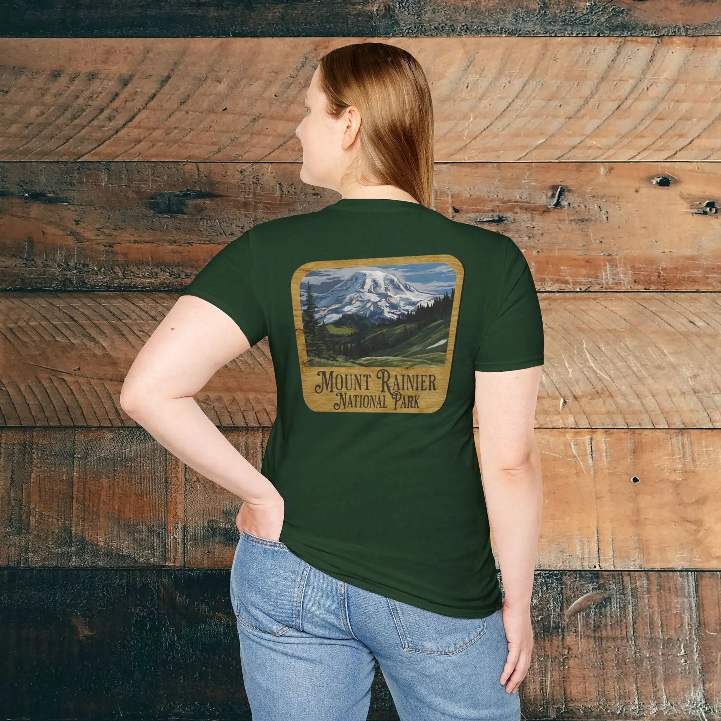 Mount Rainier Wood Sign Back Print National Park Soft T-shirt - Park Service Apparel