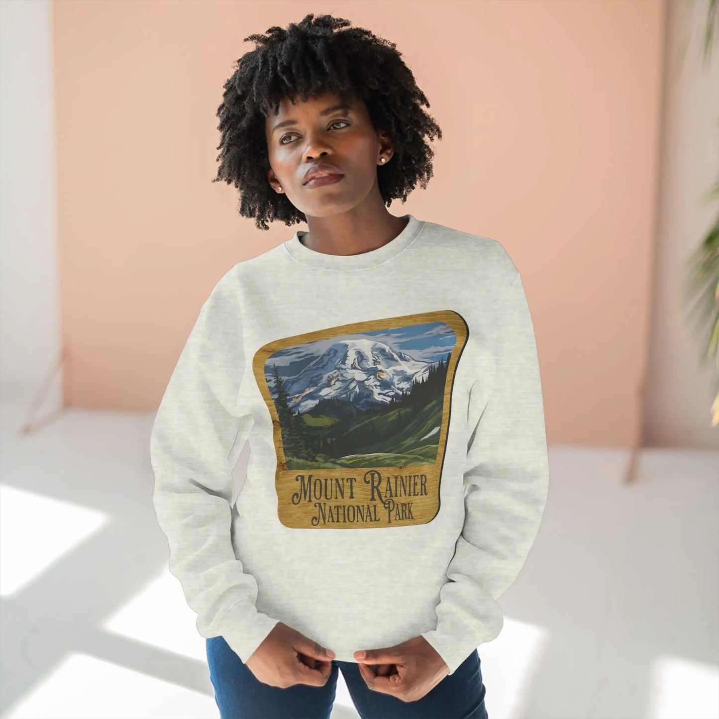 Mount Rainier National Park Unisex Fit Crewneck Sweatshirt Wood Sign Lake View - Park Service Apparel