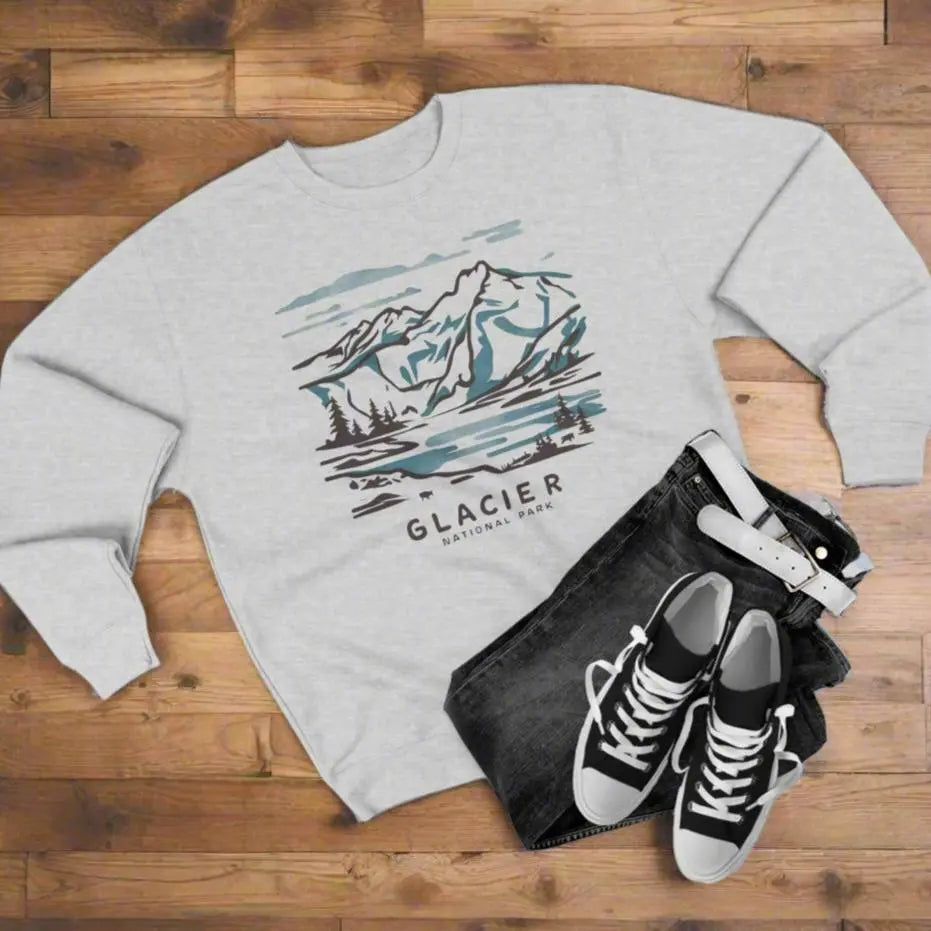 Glacier National Park Unisex Fit Crewneck Sweatshirt Water Color Line Art - Park Service Apparel