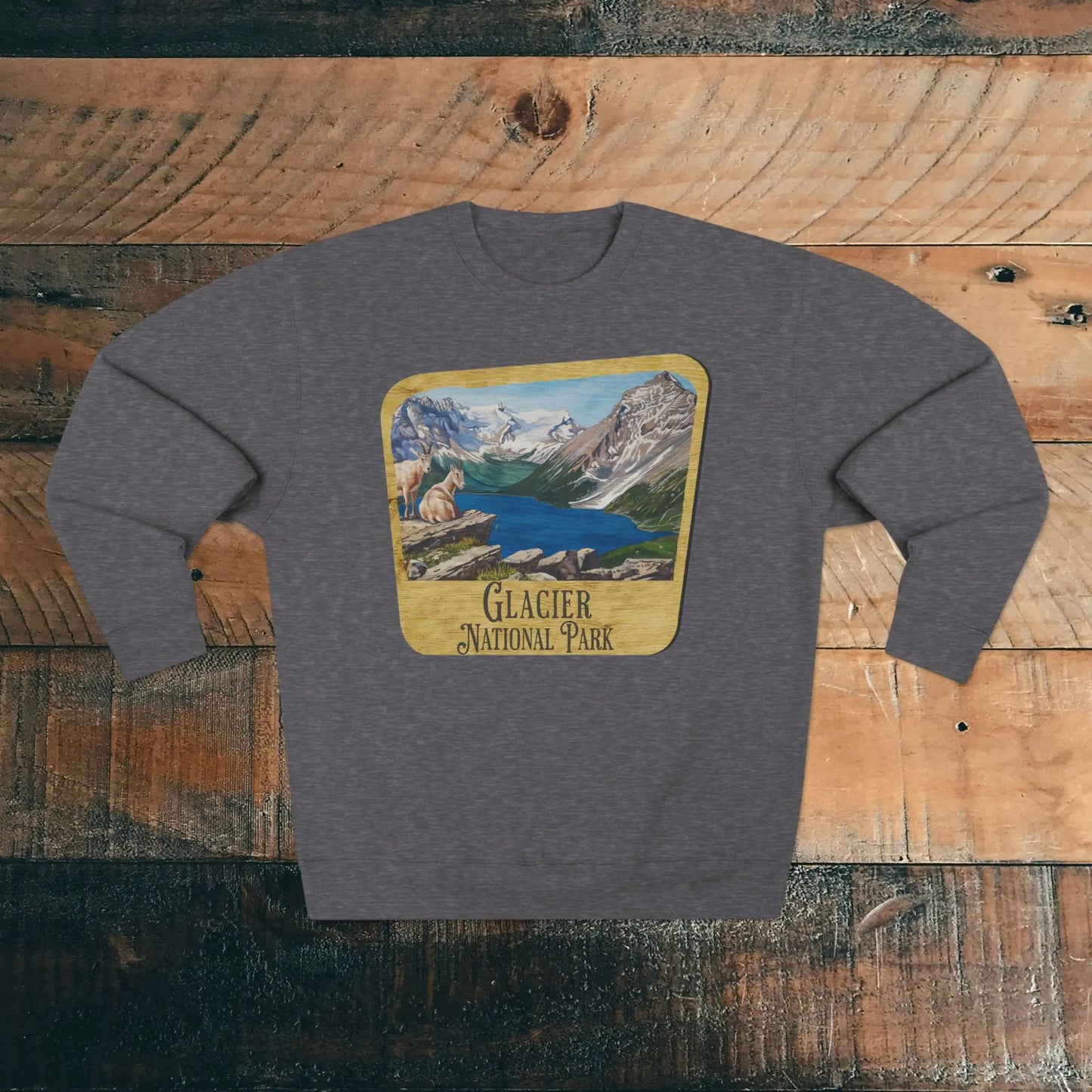 Glacier National Park Unisex Fit Crewneck Sweatshirt Wood Sign Lake View - Park Service Apparel