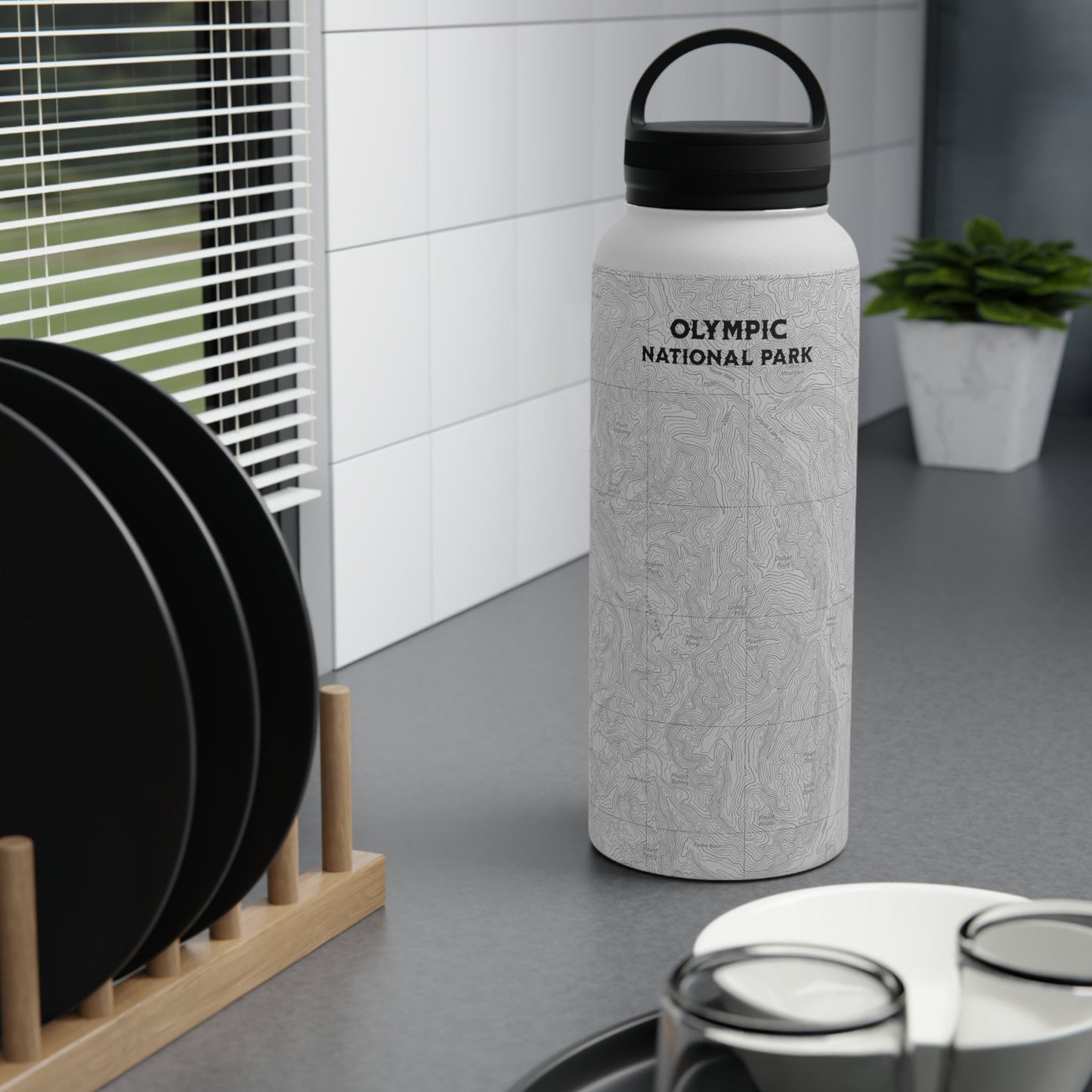 Olympic National Park Topographic Stainless Steel Water Bottle Handle Lid Printify