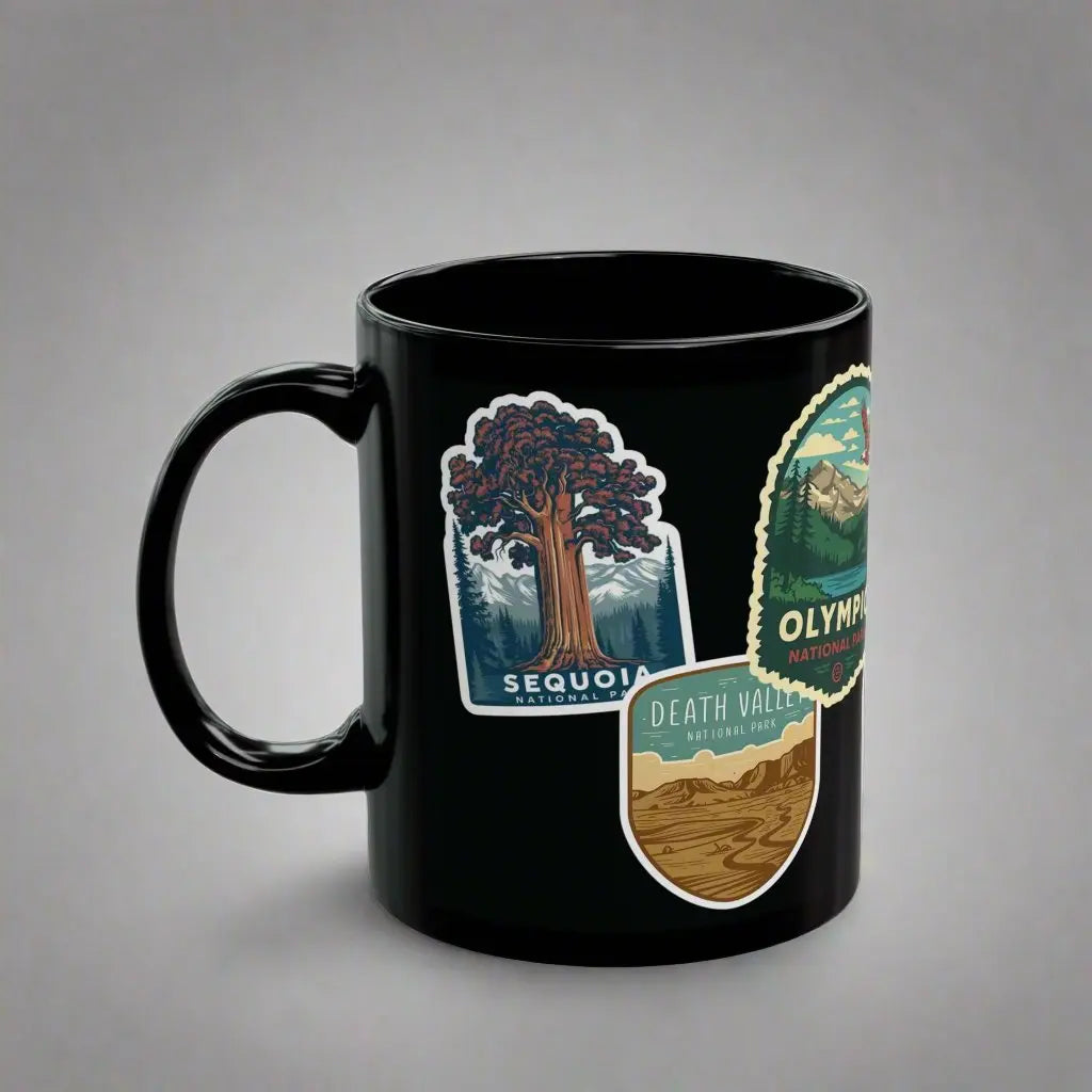 Personalized National Park Sticker Style Black Mug 11oz, 15oz Customize - Park Service Apparel