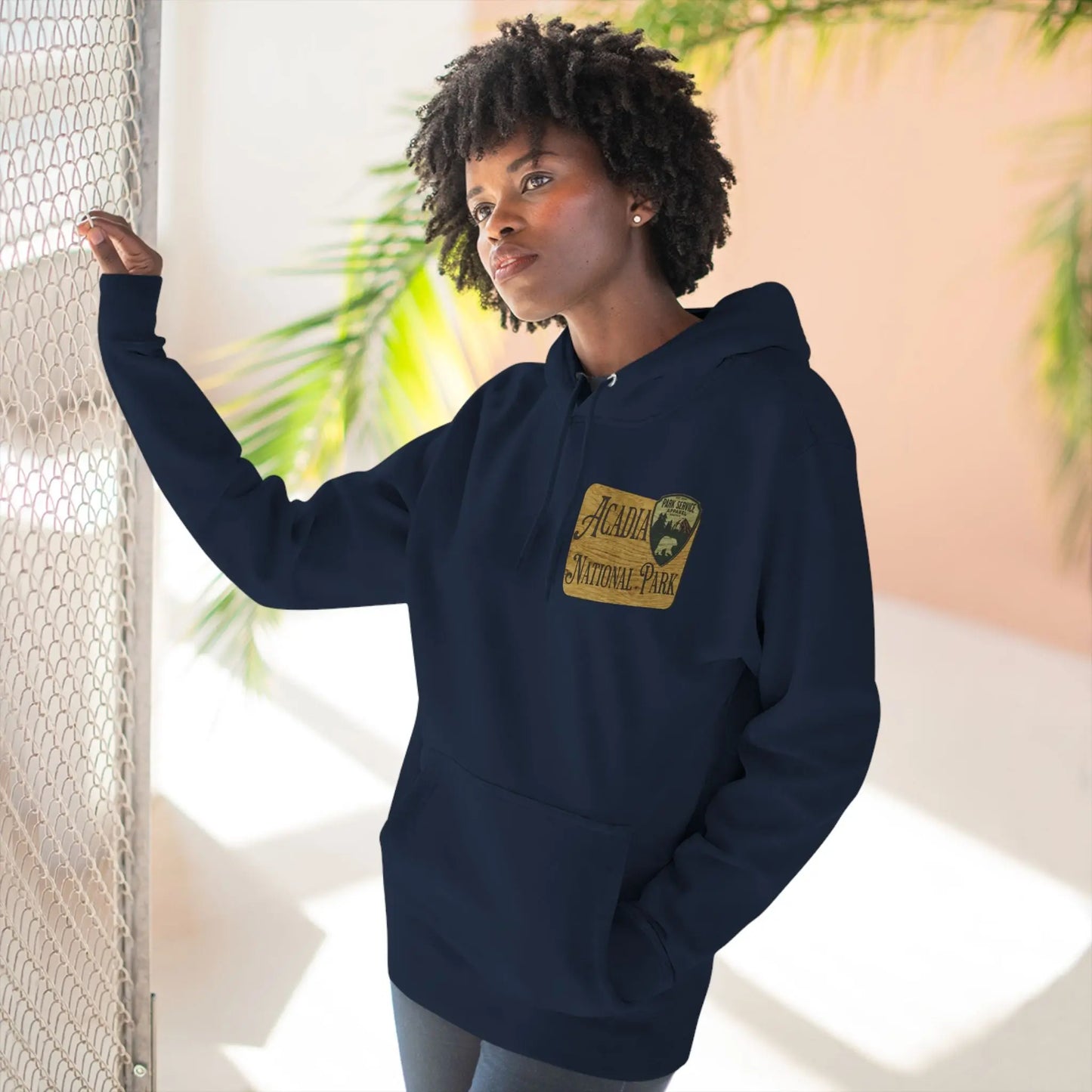Acadia National Park Fleece Hoodie Scenic Coastal Graphic Wooden Mountain Sign - Park Service Apparel