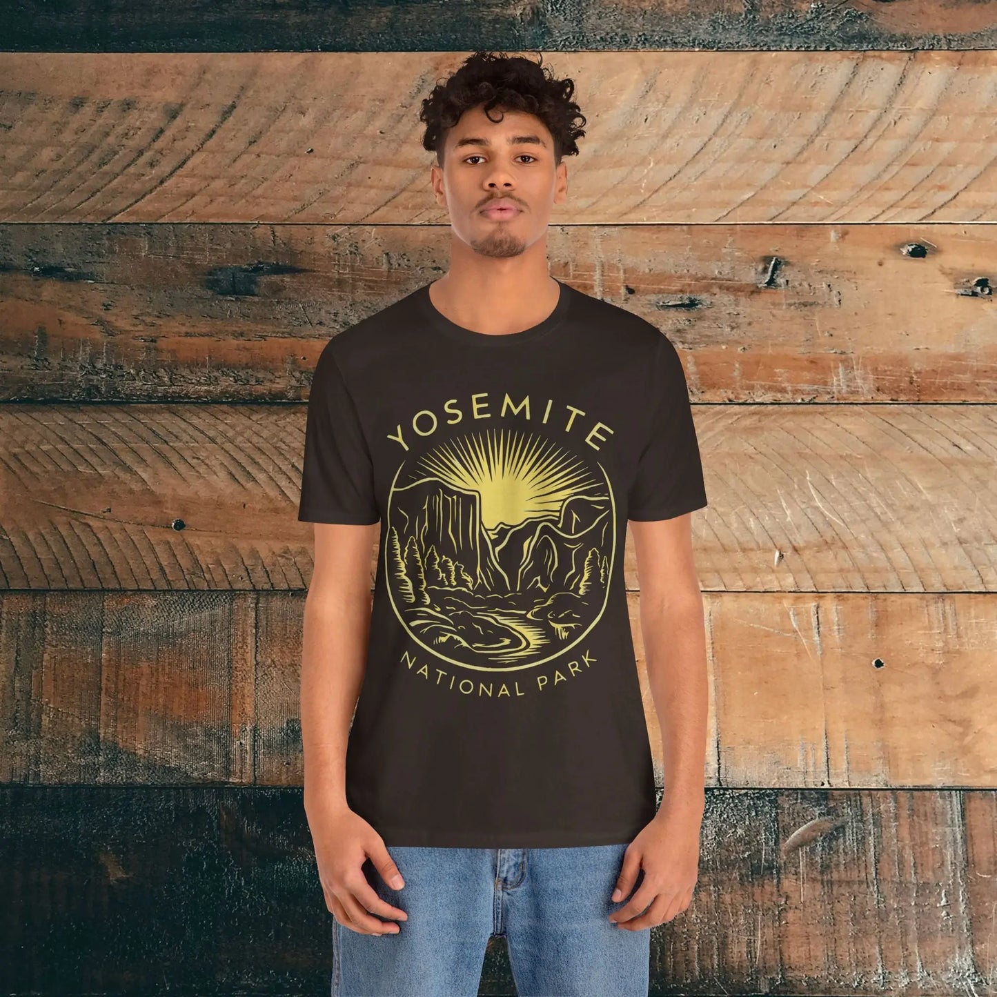 Yosemite National Park Unisex Fit Soft T-Shirt Yellow Rising Sun Valley Line Art - Park Service Apparel