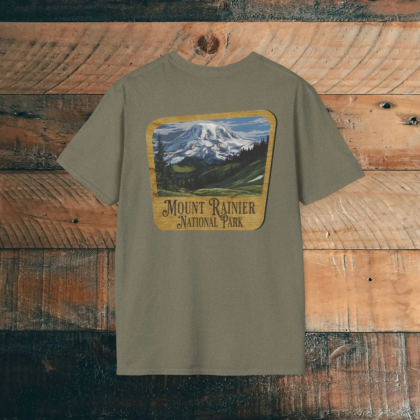 Mount Rainier Wood Sign Back Print National Park Soft T-shirt - Park Service Apparel