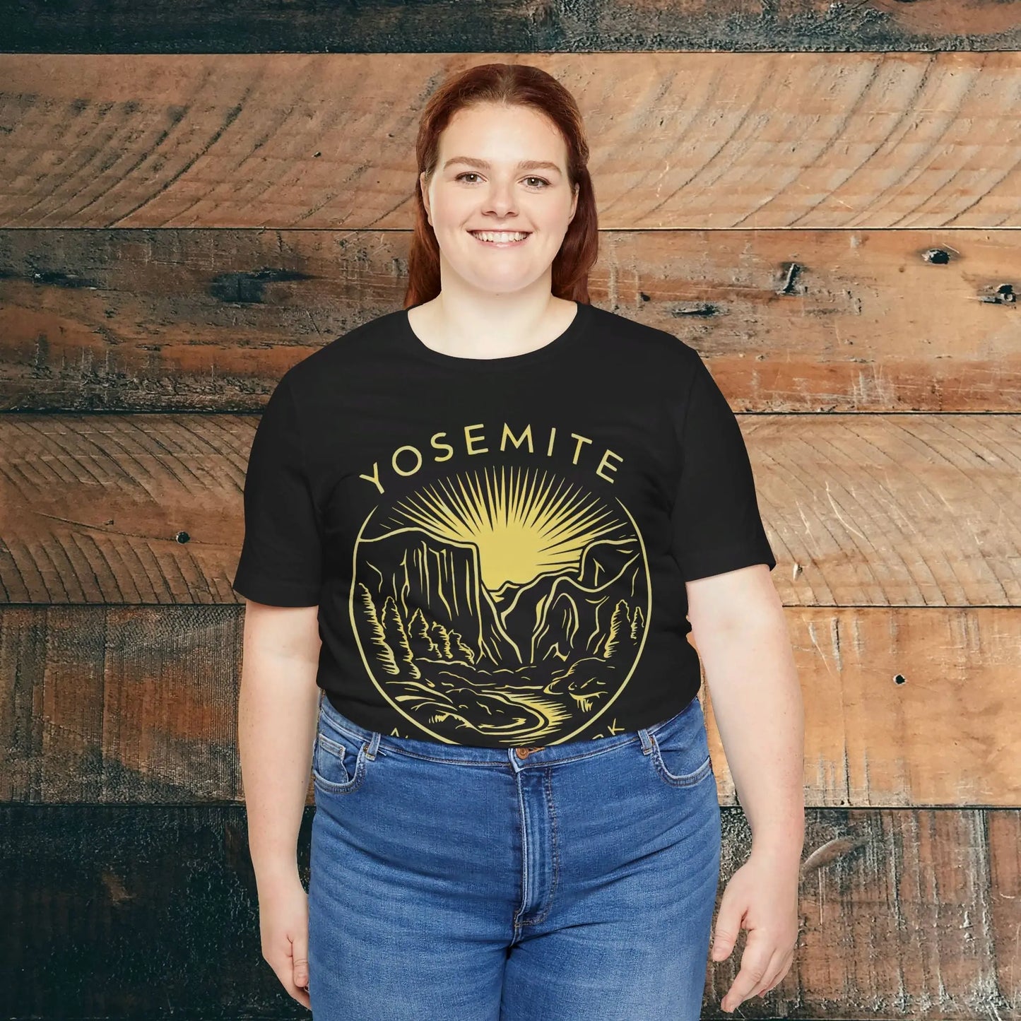 Yosemite National Park Unisex Fit Soft T-Shirt Yellow Rising Sun Valley Line Art - Park Service Apparel