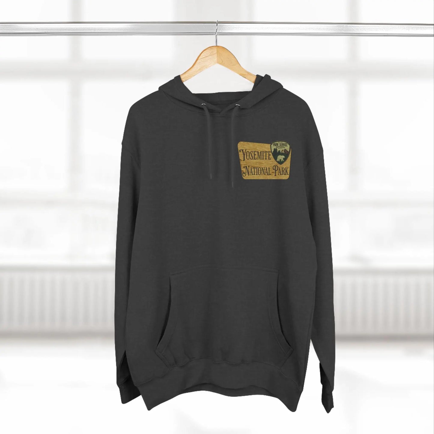 Hike Yosemite National Park Unisex Fit Fleece Hoodie Wooden Mountain Sign - Park Service Apparel