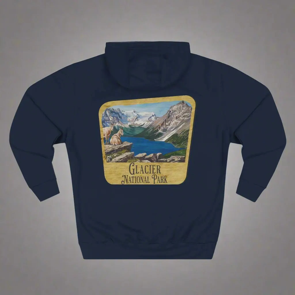 Glacier National Park Unisex Fit Fleece Hoodie Scenic Mountain Goat View Graphic Wooden Sign - Park Service Apparel