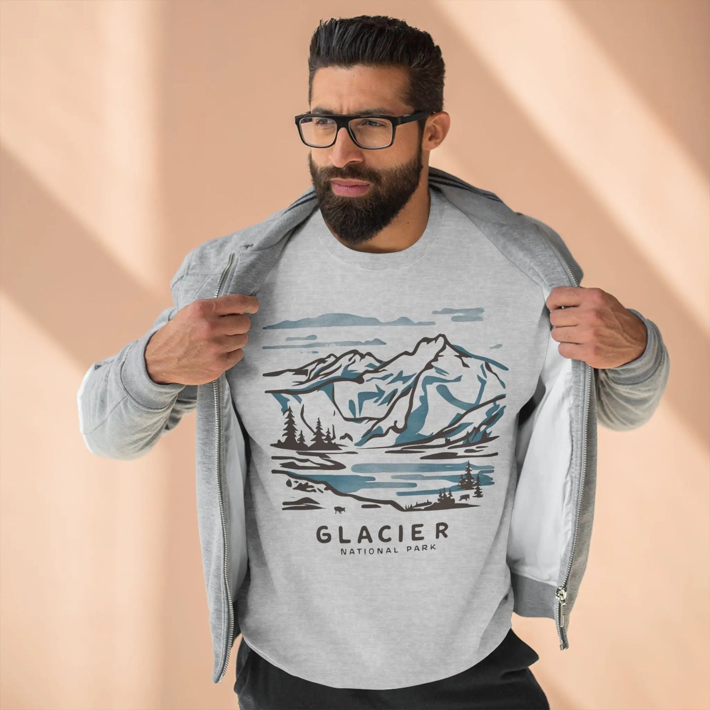 Glacier National Park Unisex Fit Crewneck Sweatshirt Water Color Line Art - Park Service Apparel