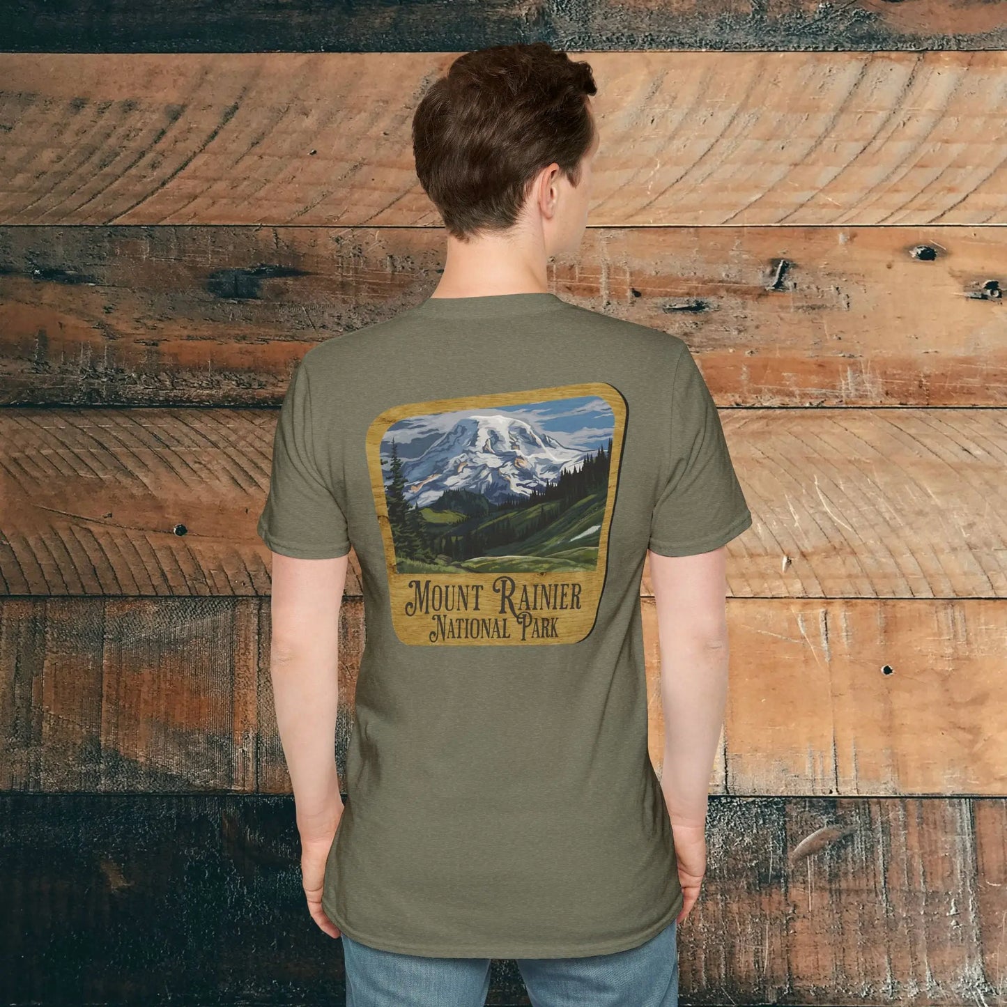 Mount Rainier Wood Sign Back Print National Park Soft T-shirt - Park Service Apparel