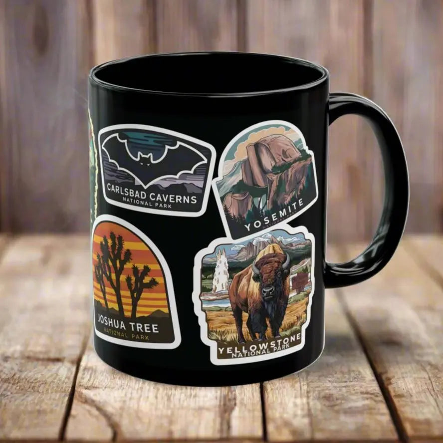 Personalized National Park Sticker Style Black Mug 11oz, 15oz Customize - Park Service Apparel