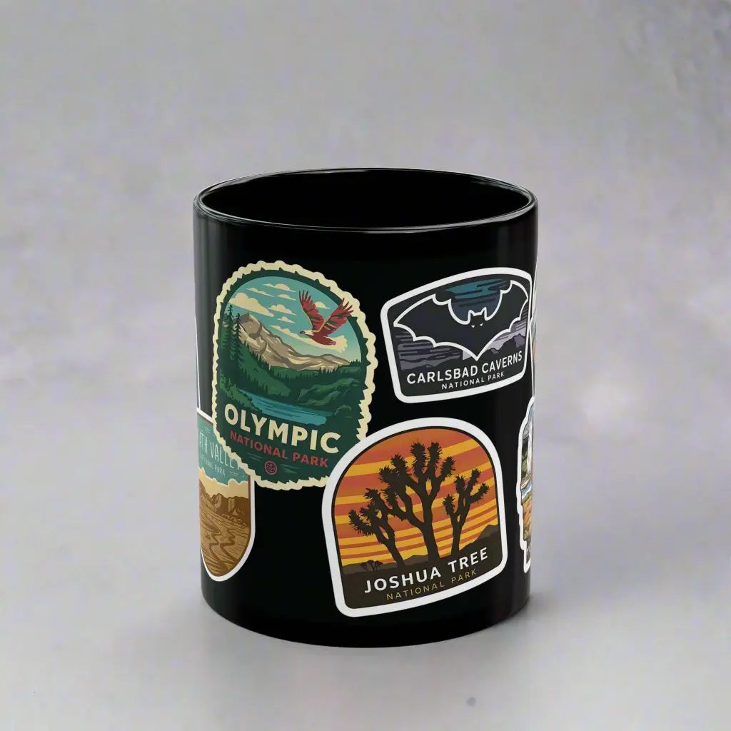 Personalized National Park Sticker Style Black Mug 11oz, 15oz Customize - Park Service Apparel