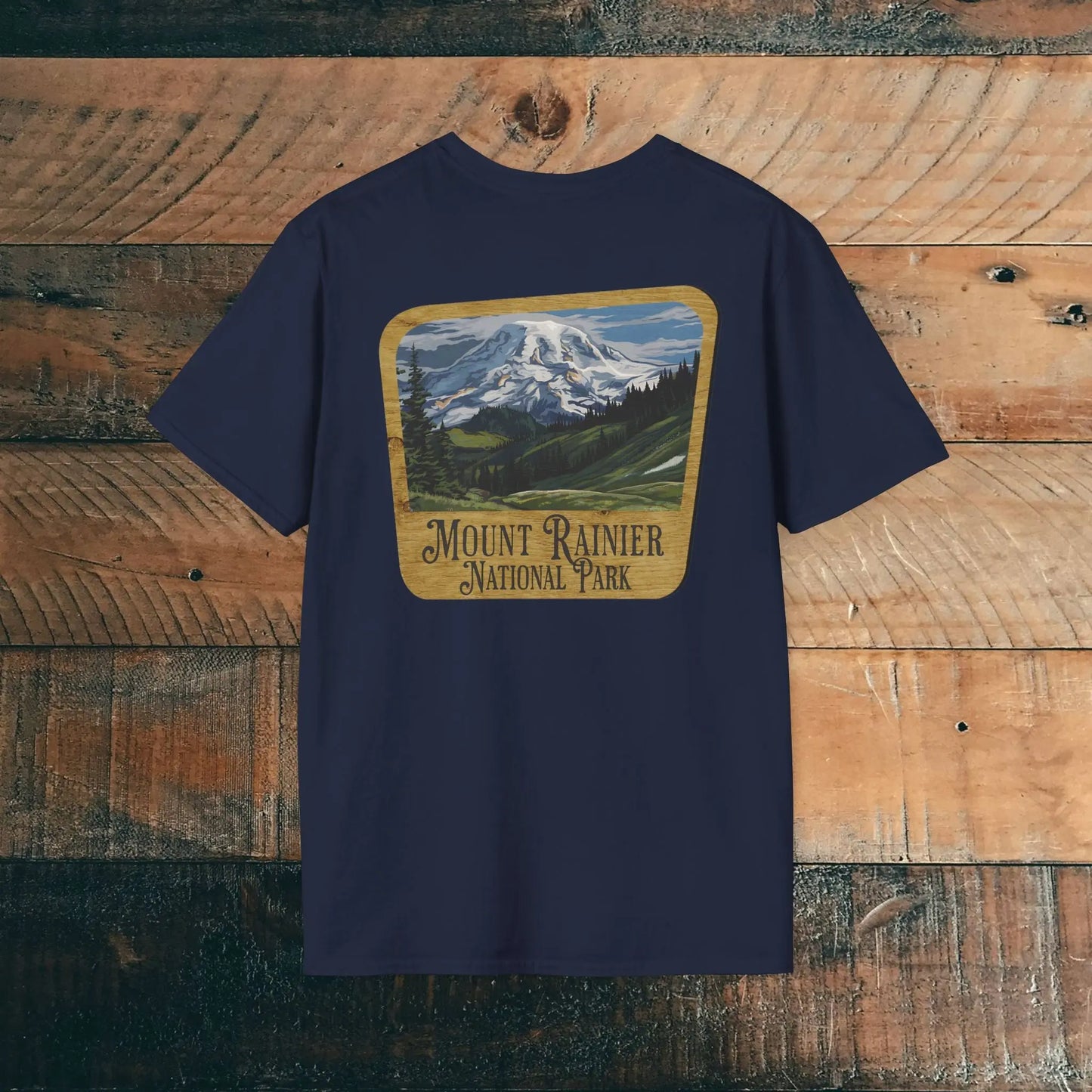 Mount Rainier Wood Sign Back Print National Park Soft T-shirt - Park Service Apparel
