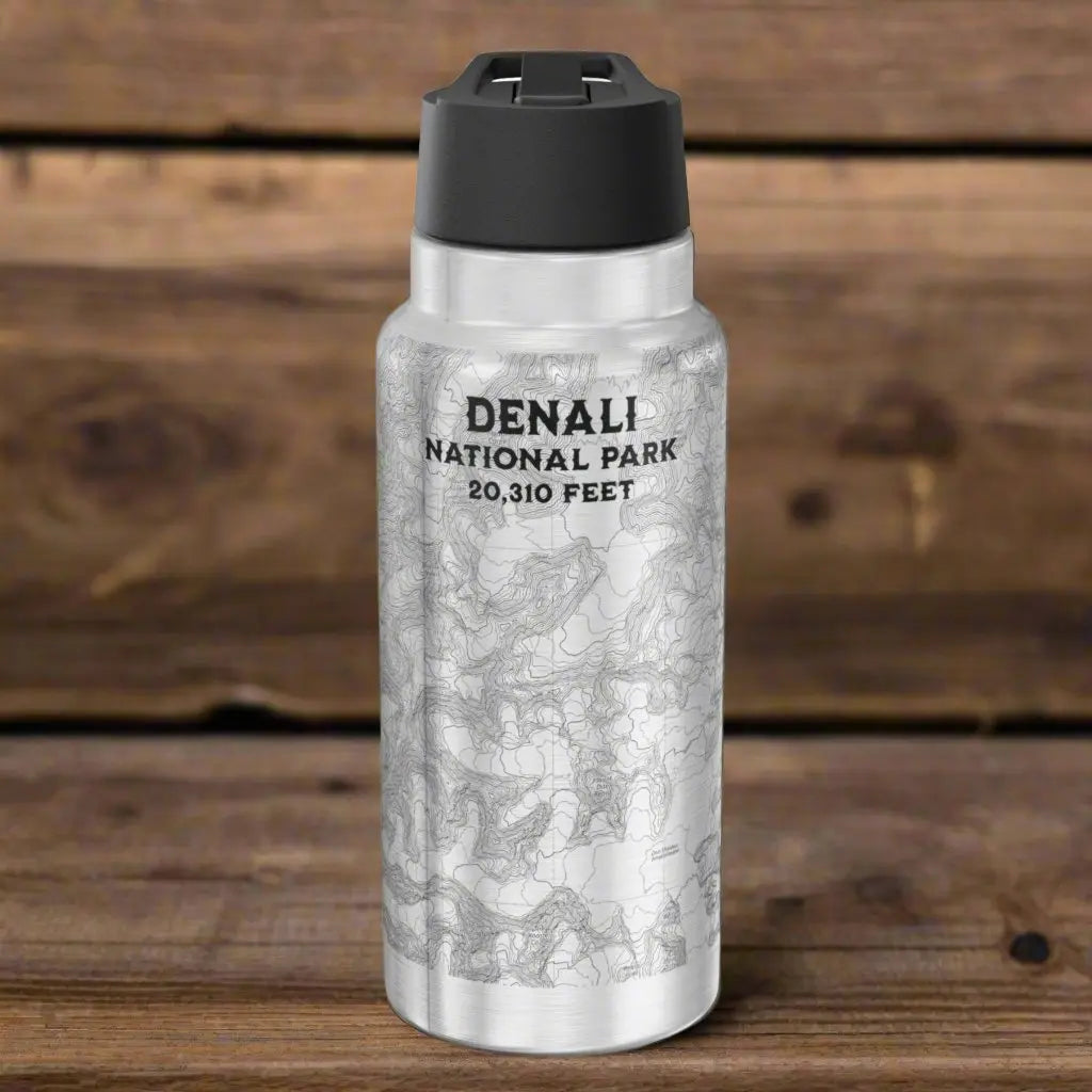 Denali National Park Topographic Insulated Water Bottle Tumbler 32oz Real USGS Topo Map Print - Park Service Apparel
