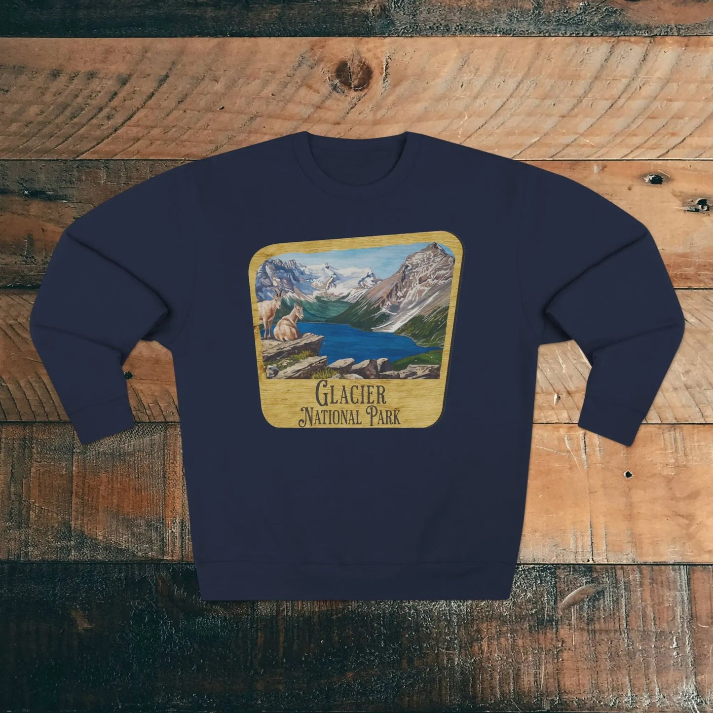 Glacier National Park Unisex Fit Crewneck Sweatshirt Wood Sign Lake View - Park Service Apparel
