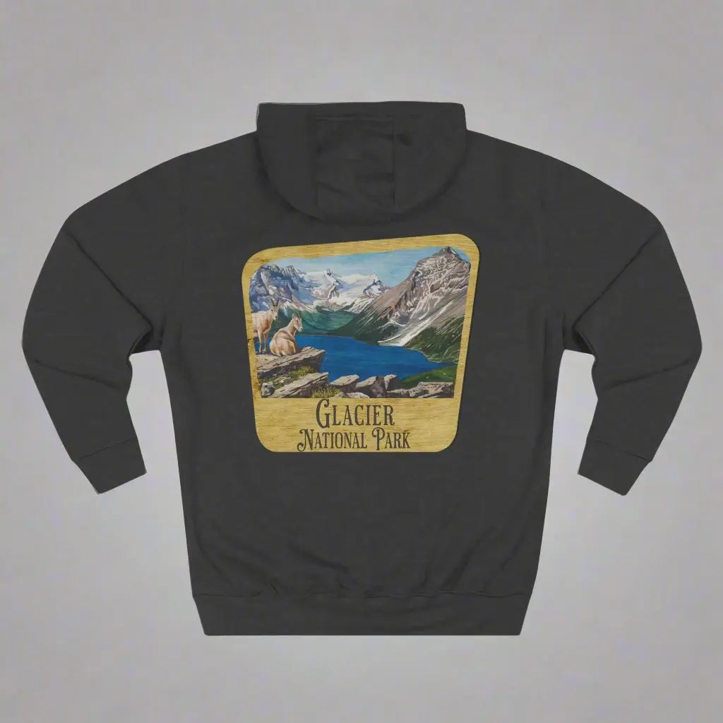 Glacier National Park Unisex Fit Fleece Hoodie Scenic Mountain Goat View Graphic Wooden Sign - Park Service Apparel