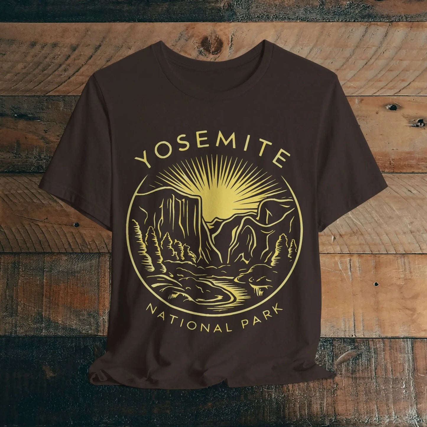 Yosemite National Park Unisex Fit Soft T-Shirt Yellow Rising Sun Valley Line Art - Park Service Apparel