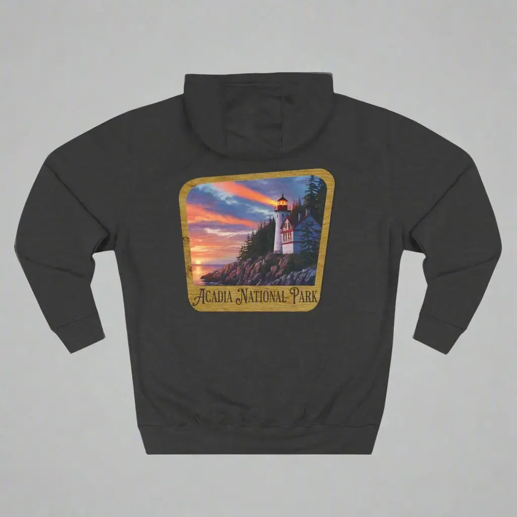 Acadia National Park Fleece Hoodie Scenic Coastal Graphic Wooden Mountain Sign - Park Service Apparel