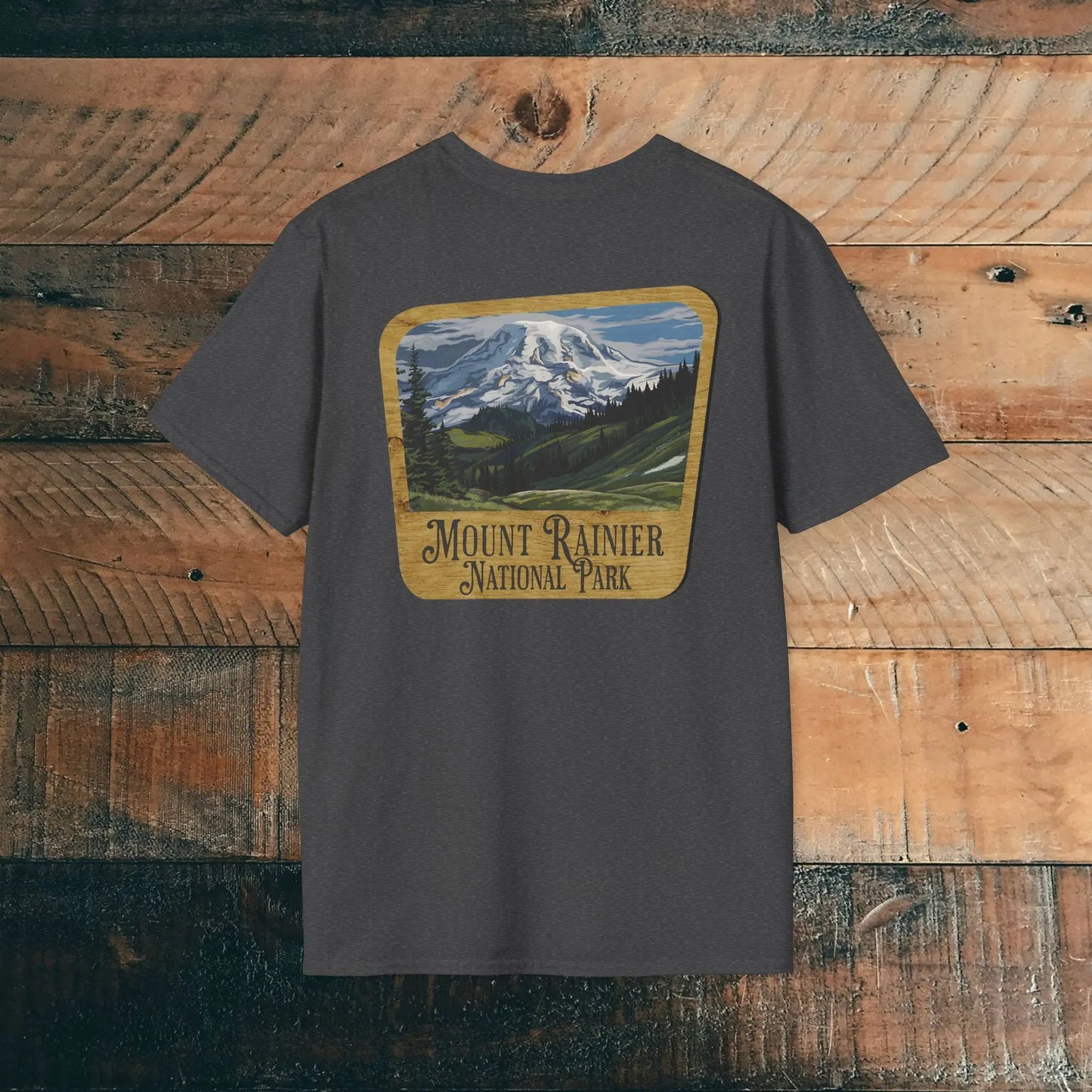 Mount Rainier Wood Sign Back Print National Park Soft T-shirt - Park Service Apparel