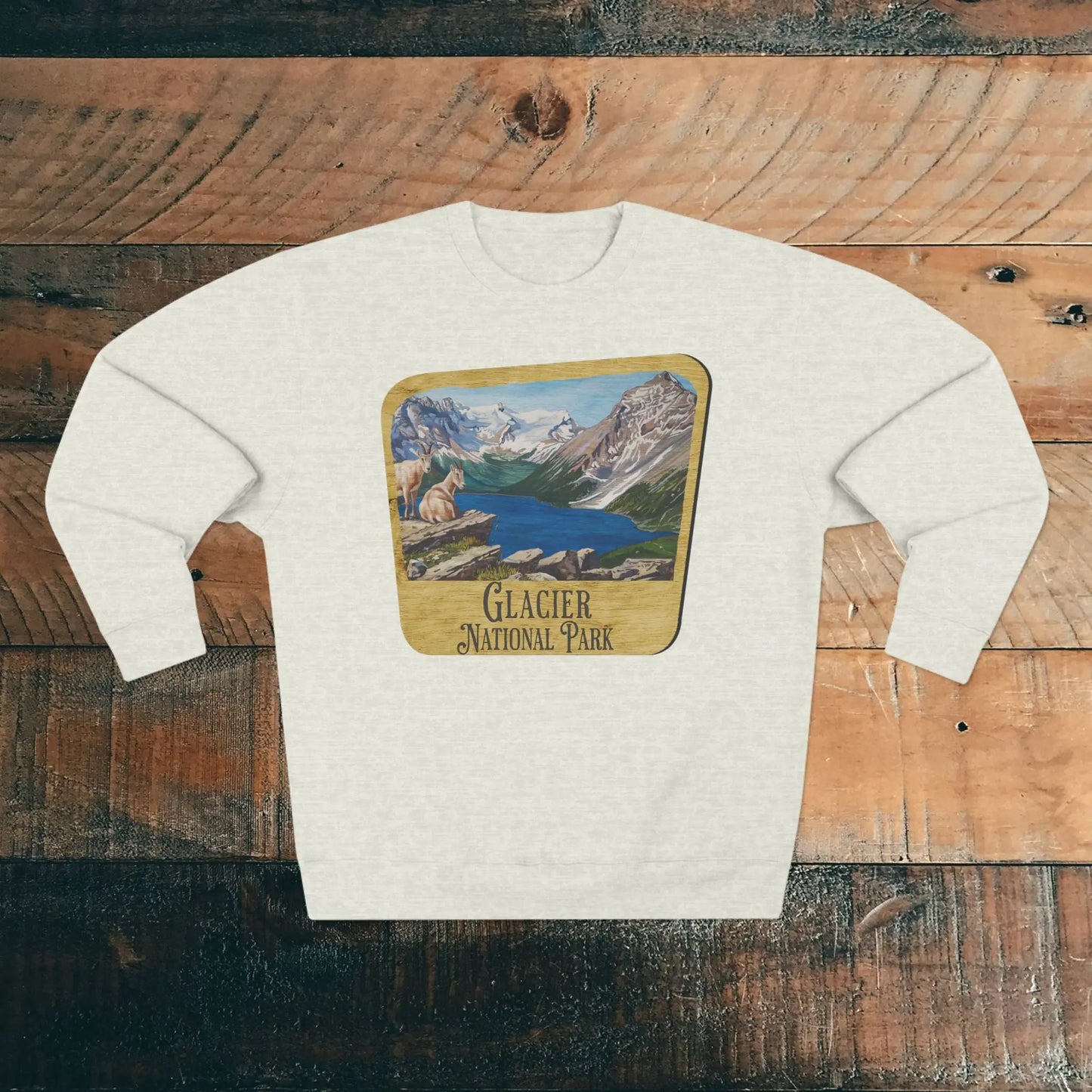 Glacier National Park Unisex Fit Crewneck Sweatshirt Wood Sign Lake View - Park Service Apparel