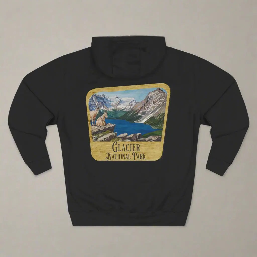 Glacier National Park Unisex Fit Fleece Hoodie Scenic Mountain Goat View Graphic Wooden Sign - Park Service Apparel