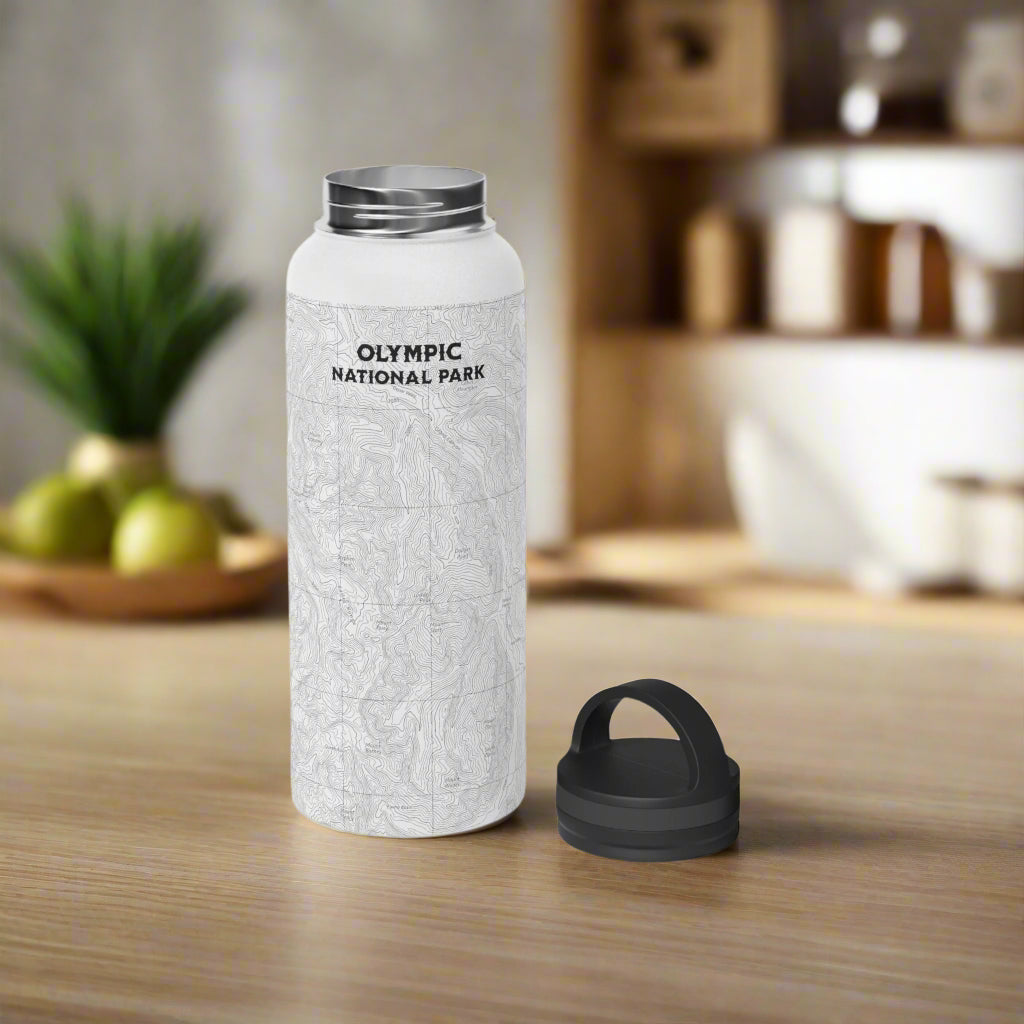 Olympic National Park Topographic Stainless Steel Water Bottle Handle Lid Printify