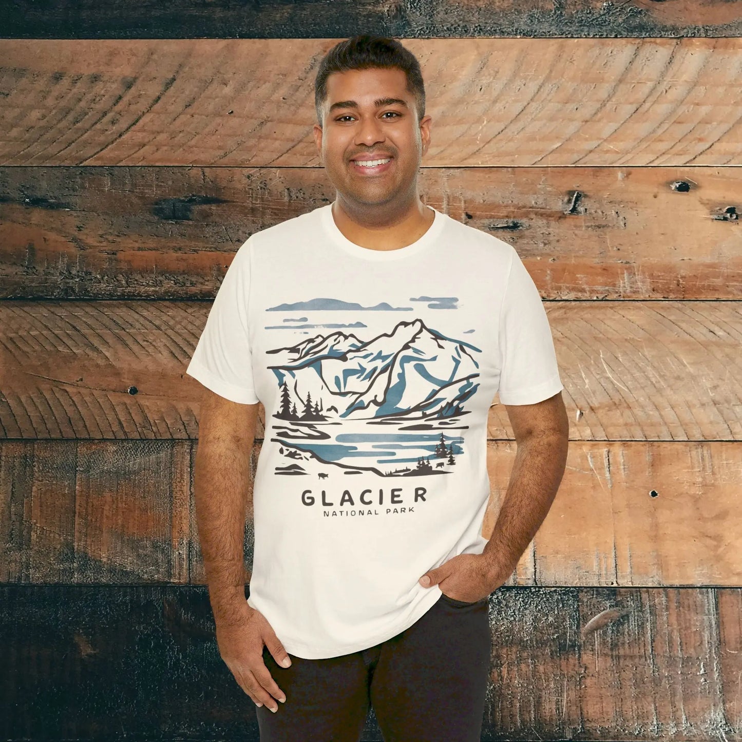 Glacier National Park Unisex Fit Soft T-Shirt Watercolor Line Art - Park Service Apparel