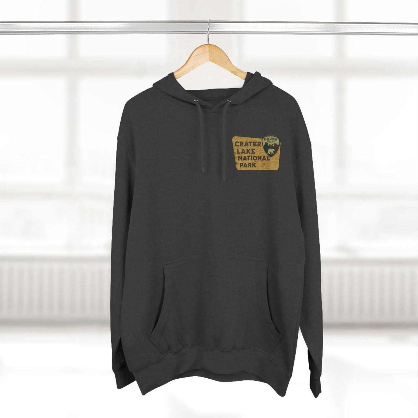 Crater Lake National Park Unisex Fit Fleece Hoodie Scenic View Graphic Wooden Mountain Sign - Park Service Apparel