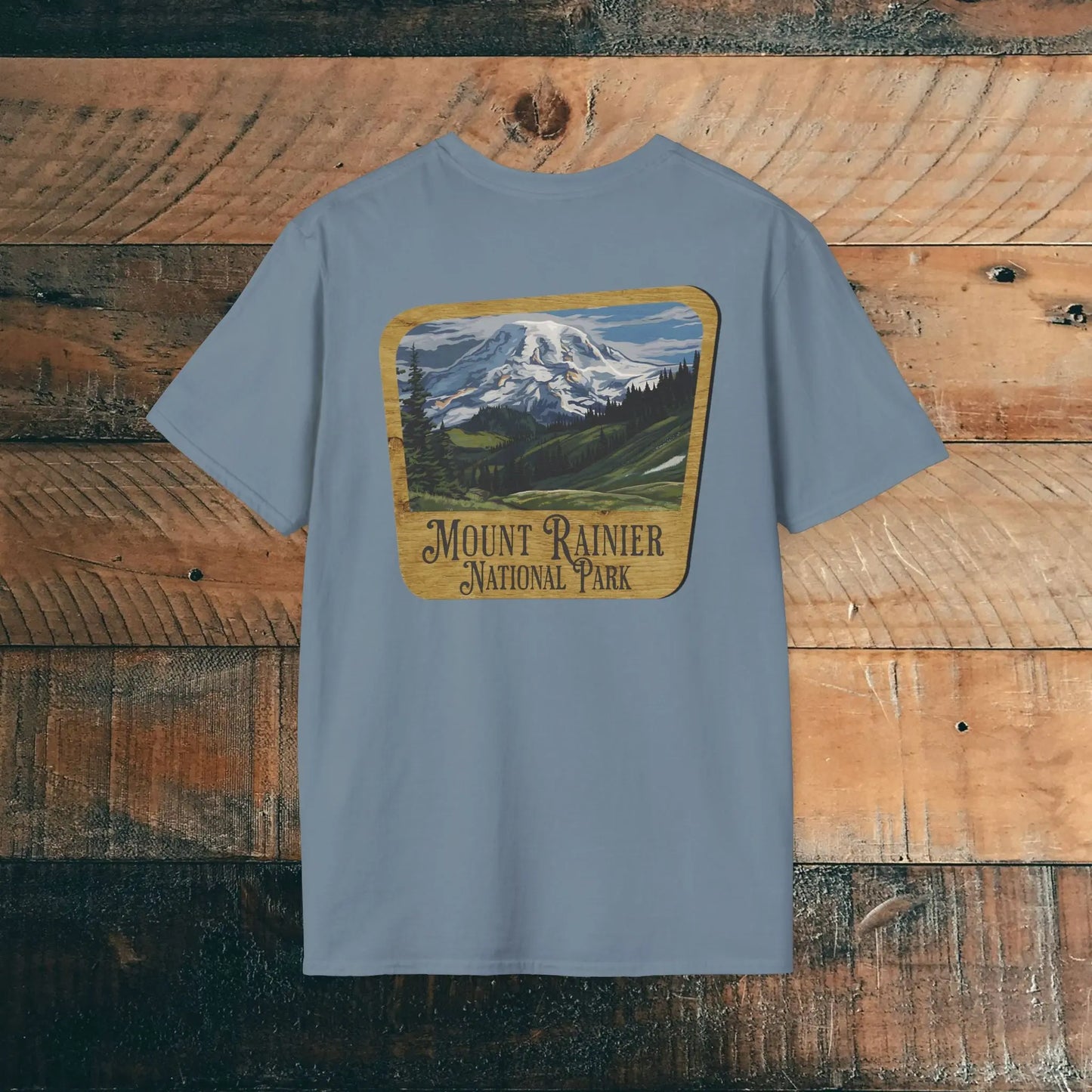 Mount Rainier Wood Sign Back Print National Park Soft T-shirt - Park Service Apparel