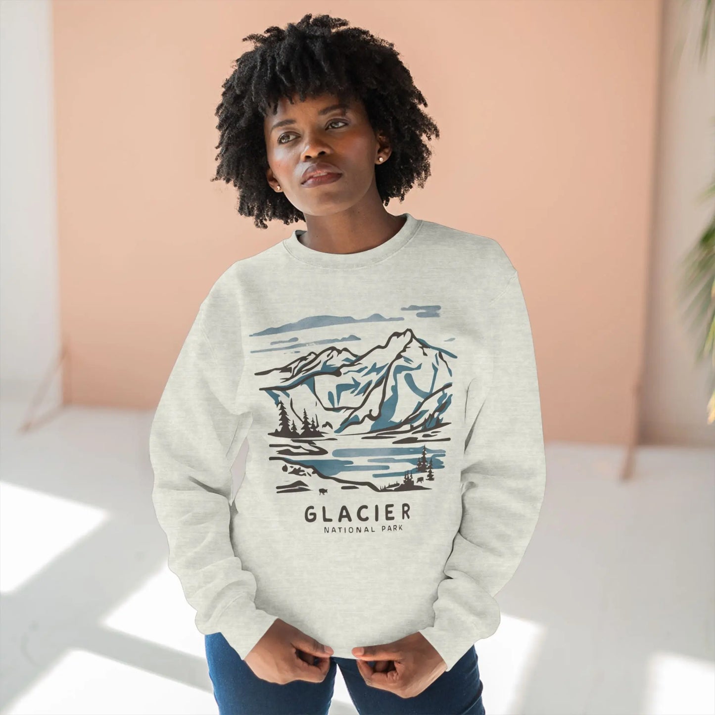 Glacier National Park Unisex Fit Crewneck Sweatshirt Water Color Line Art - Park Service Apparel