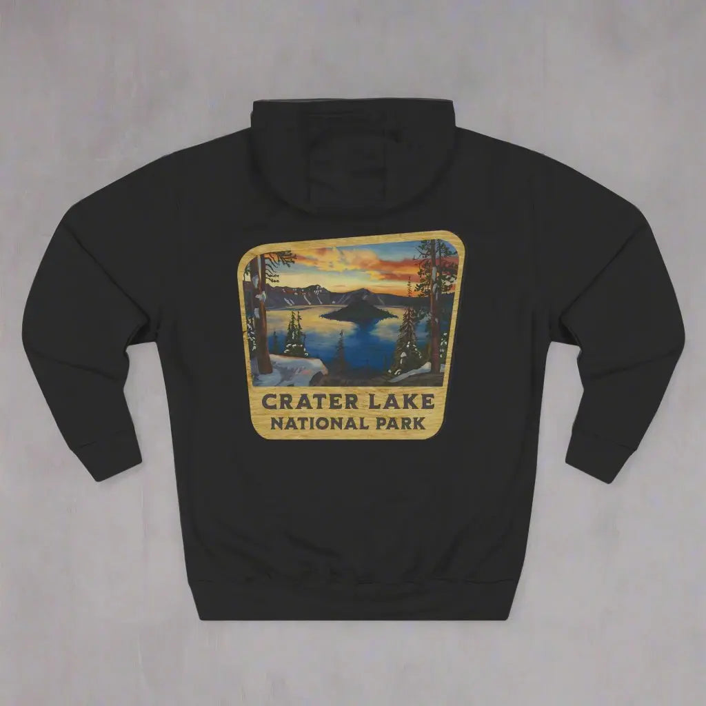 Crater Lake National Park Unisex Fit Fleece Hoodie Scenic View Graphic Wooden Mountain Sign - Park Service Apparel