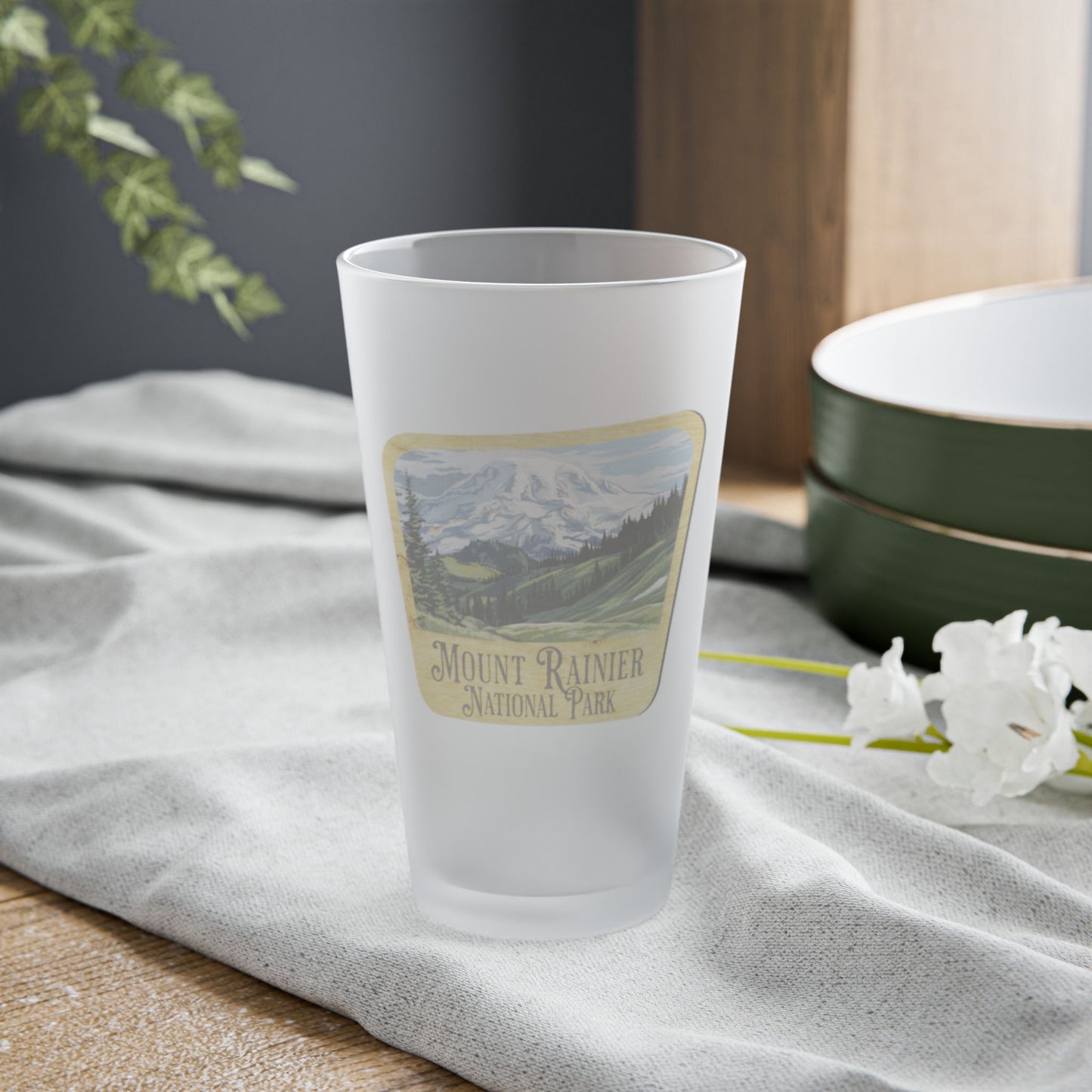 Mount Rainier National Park Frosted Pint Glass Wood Sign Mountain Graphic teelaunch