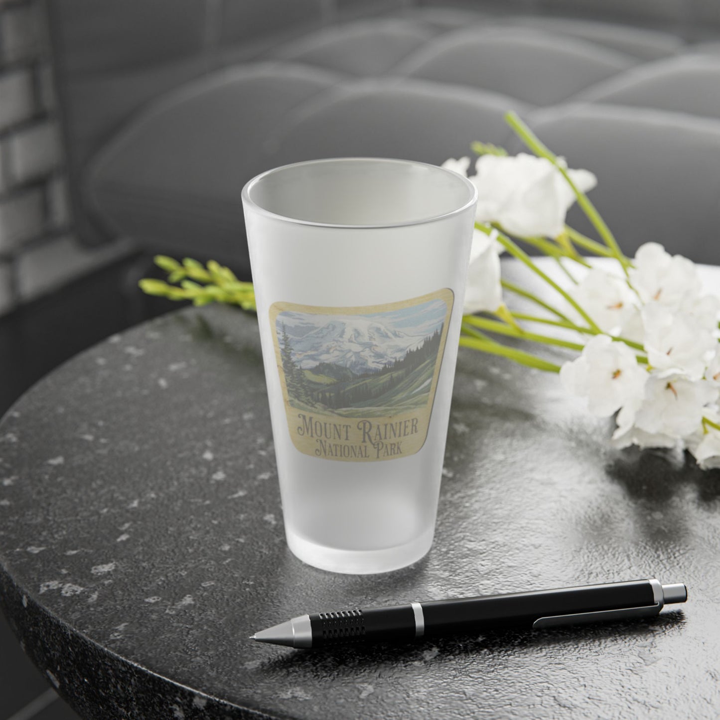 Mount Rainier National Park Frosted Pint Glass Wood Sign Mountain Graphic teelaunch