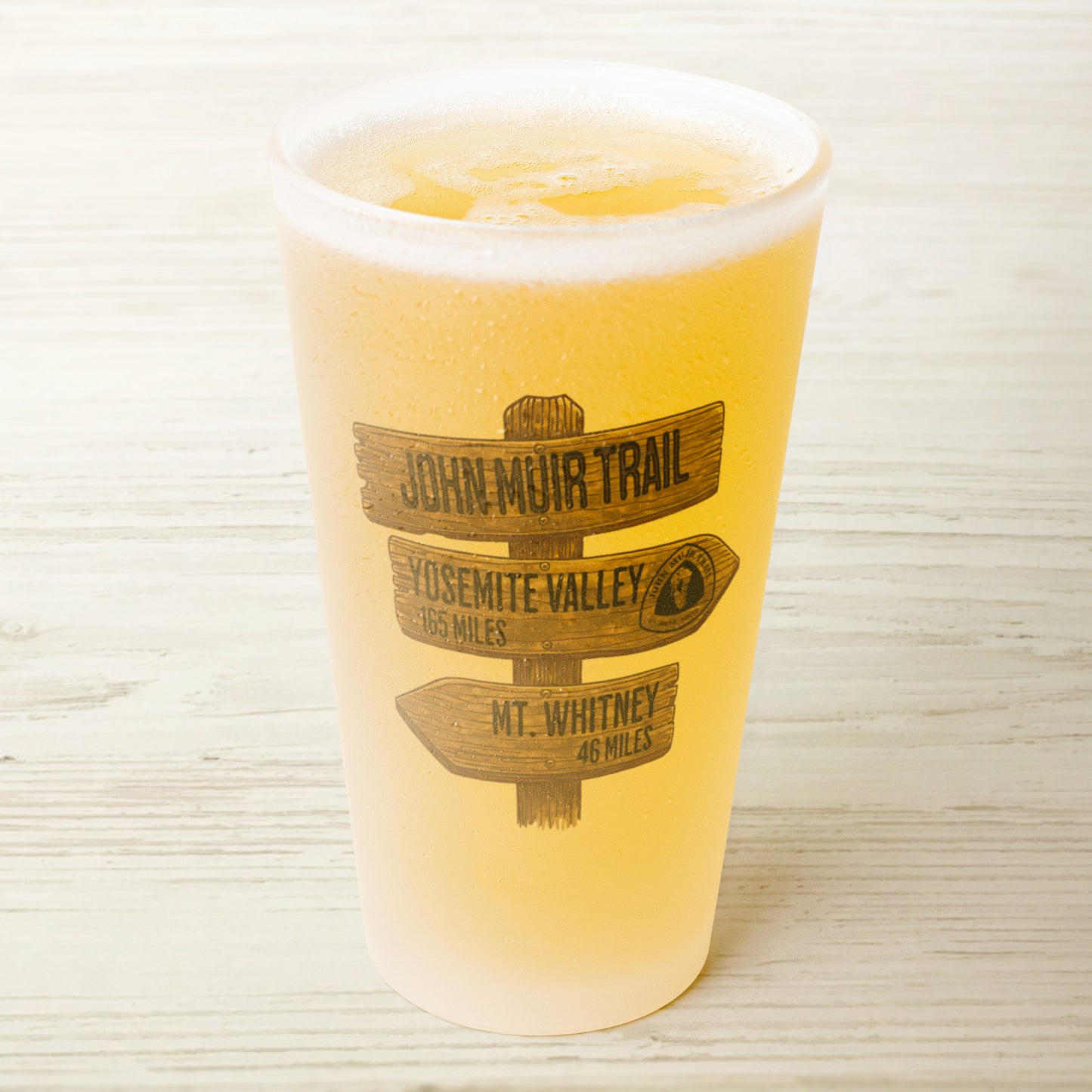 John Muir Trail Wood Milage Sign Frosted Pint Glass teelaunch