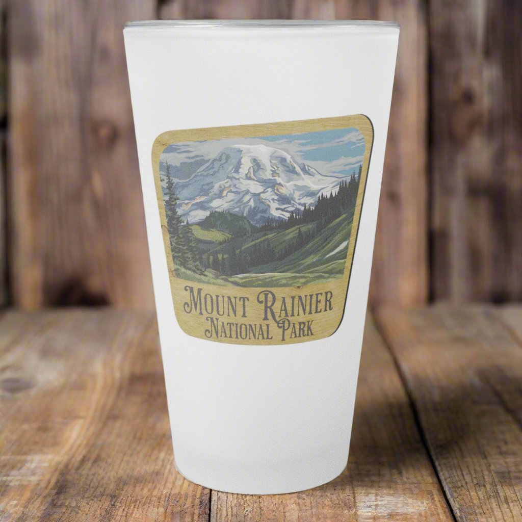 Mount Rainier National Park Frosted Pint Glass Wood Sign Mountain Graphic teelaunch
