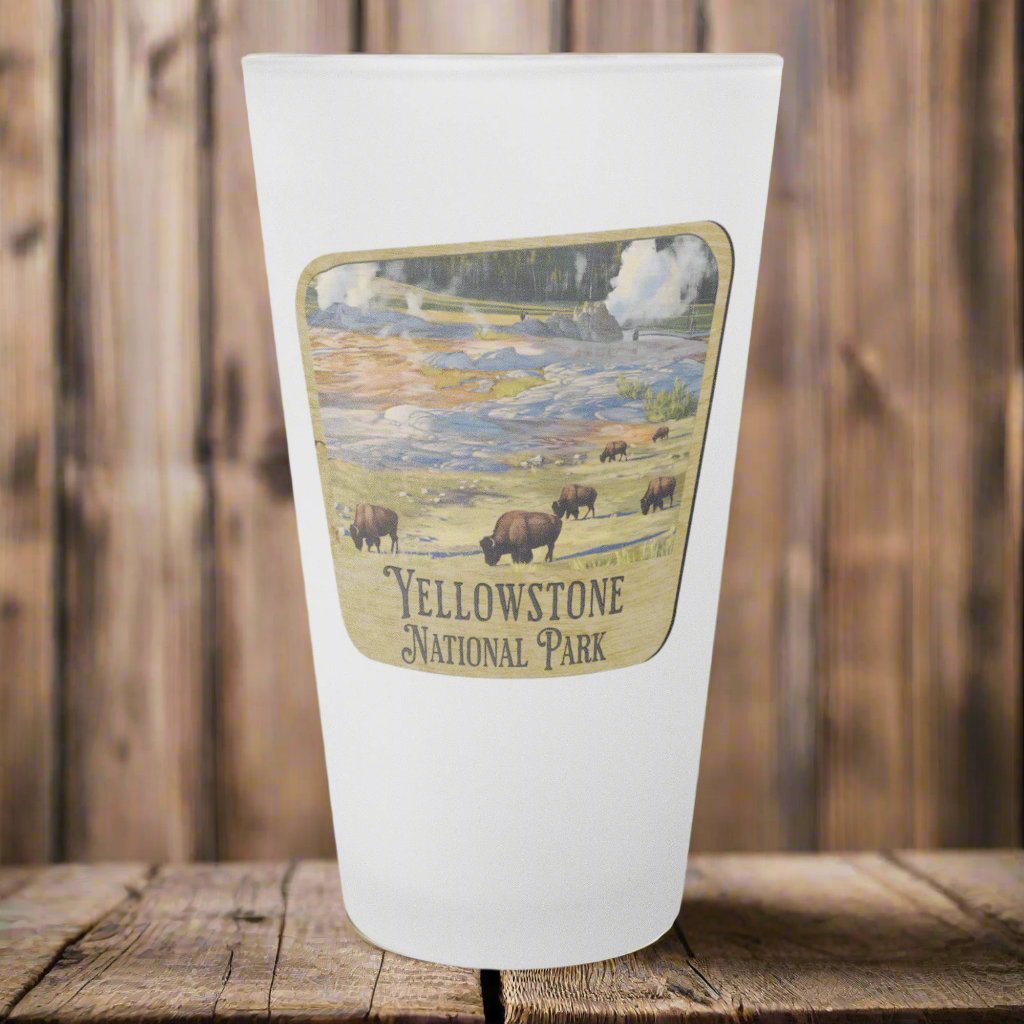 Yellowstone National Park Frosted Pint Glass Wood Sign Graphic teelaunch