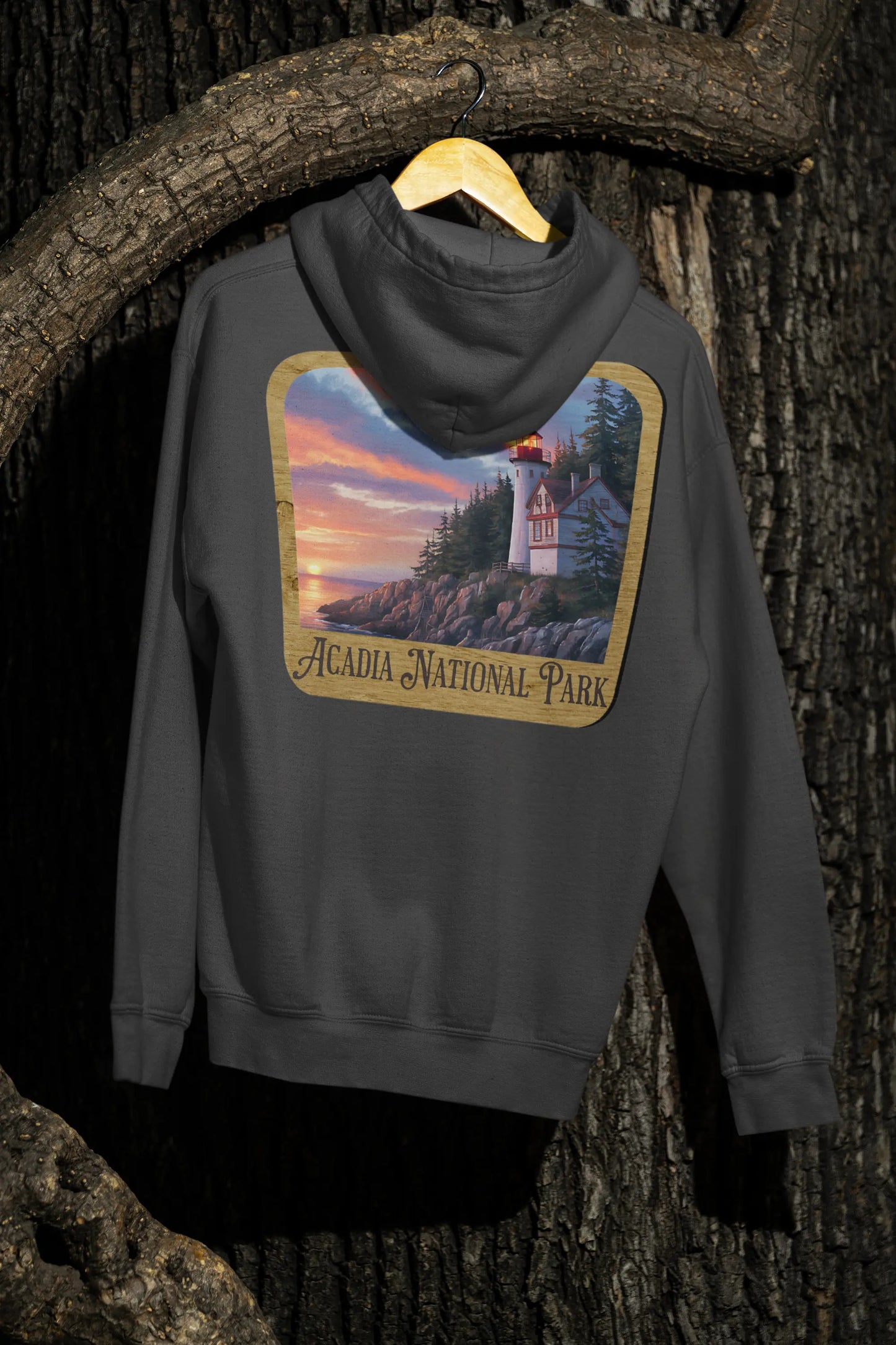 Acadia National Park Fleece Hoodie Scenic Coastal Graphic Wooden Mountain Sign - Park Service Apparel