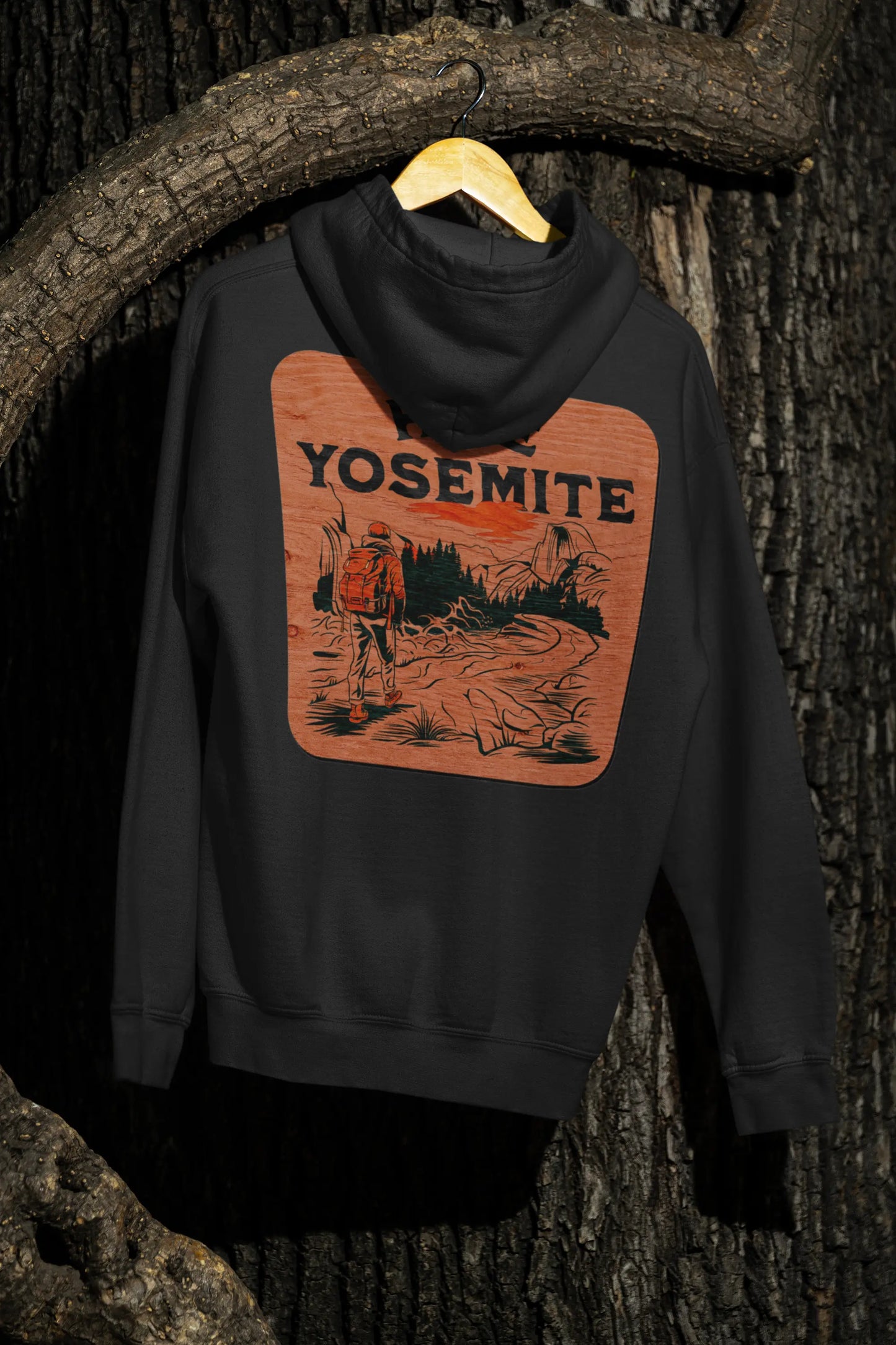 Hike Yosemite National Park Unisex Fit Fleece Hoodie Wooden Mountain Sign - Park Service Apparel