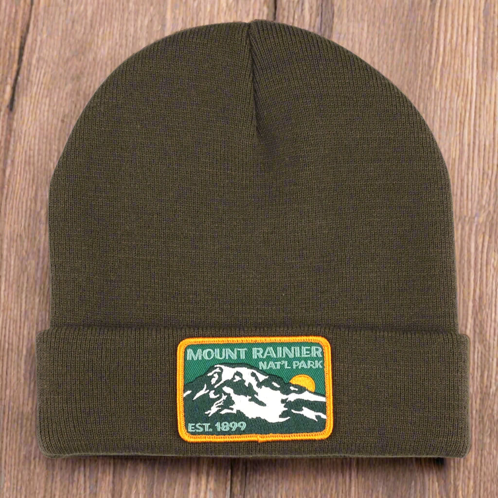 Mount Rainier Nat Park Patch Recycled Beanie - Olive Rainier Watch