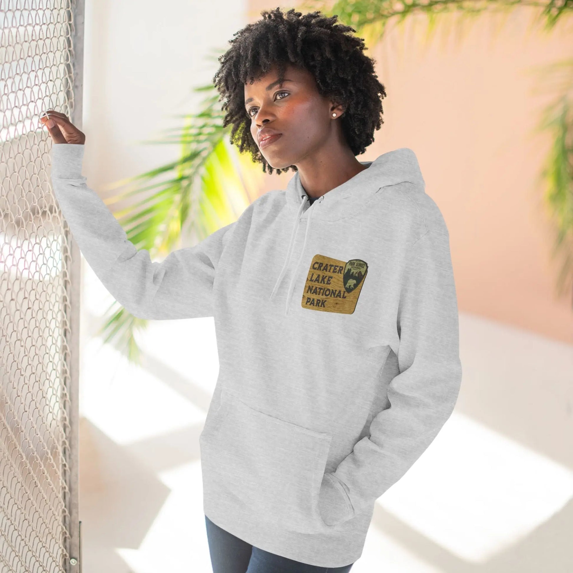 Crater Lake National Park Unisex Fit Fleece Hoodie Scenic View Graphic Wooden Mountain Sign - Park Service Apparel