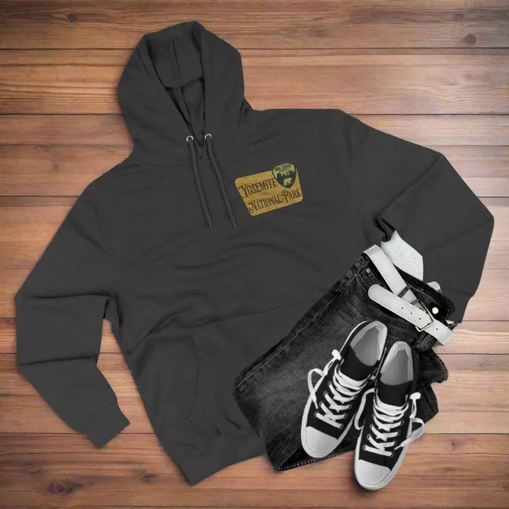 Yosemite National Park Fleece Hoodie Scenic Valley Art Wooden Mountain Sign - Park Service Apparel