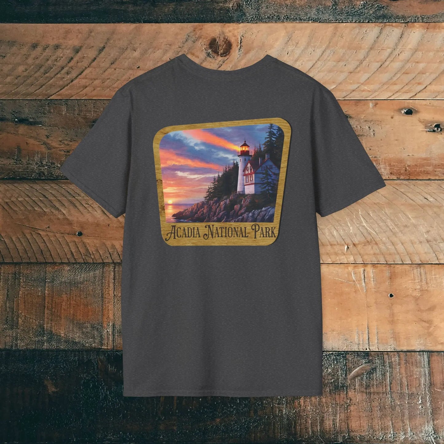 Acadia National Park Wood Sign Unisex Back Print Soft T-Shirt Coastal Lighthouse - Park Service Apparel